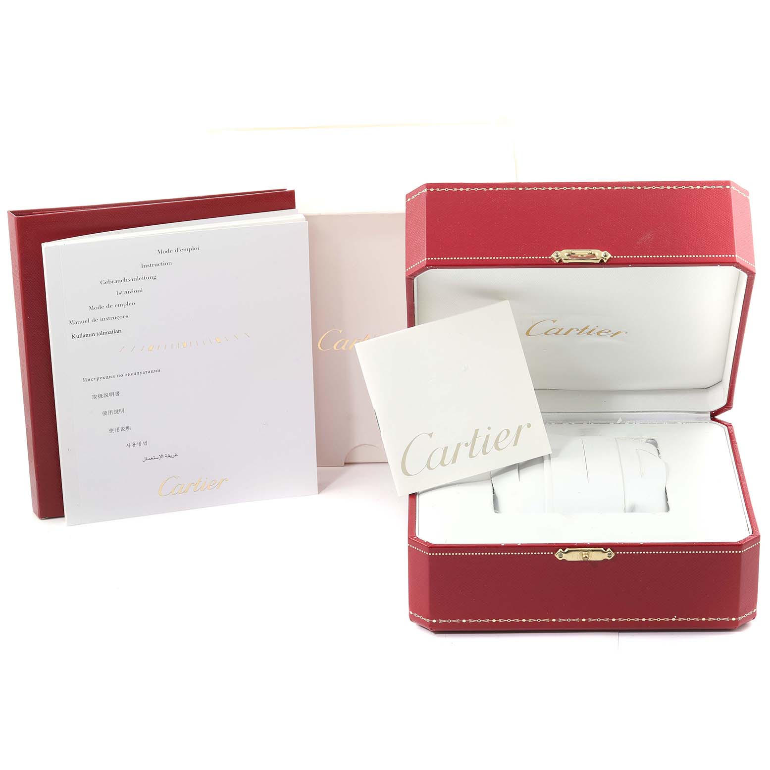 The image shows the Cartier Tank Francaise W51007Q4 Women's Steel and Gold (two tone) Silver Dial W51007Q4 Women's Steel and Gold (two tone) Silver Dial watch box with documentation and packaging from a frontal angle.