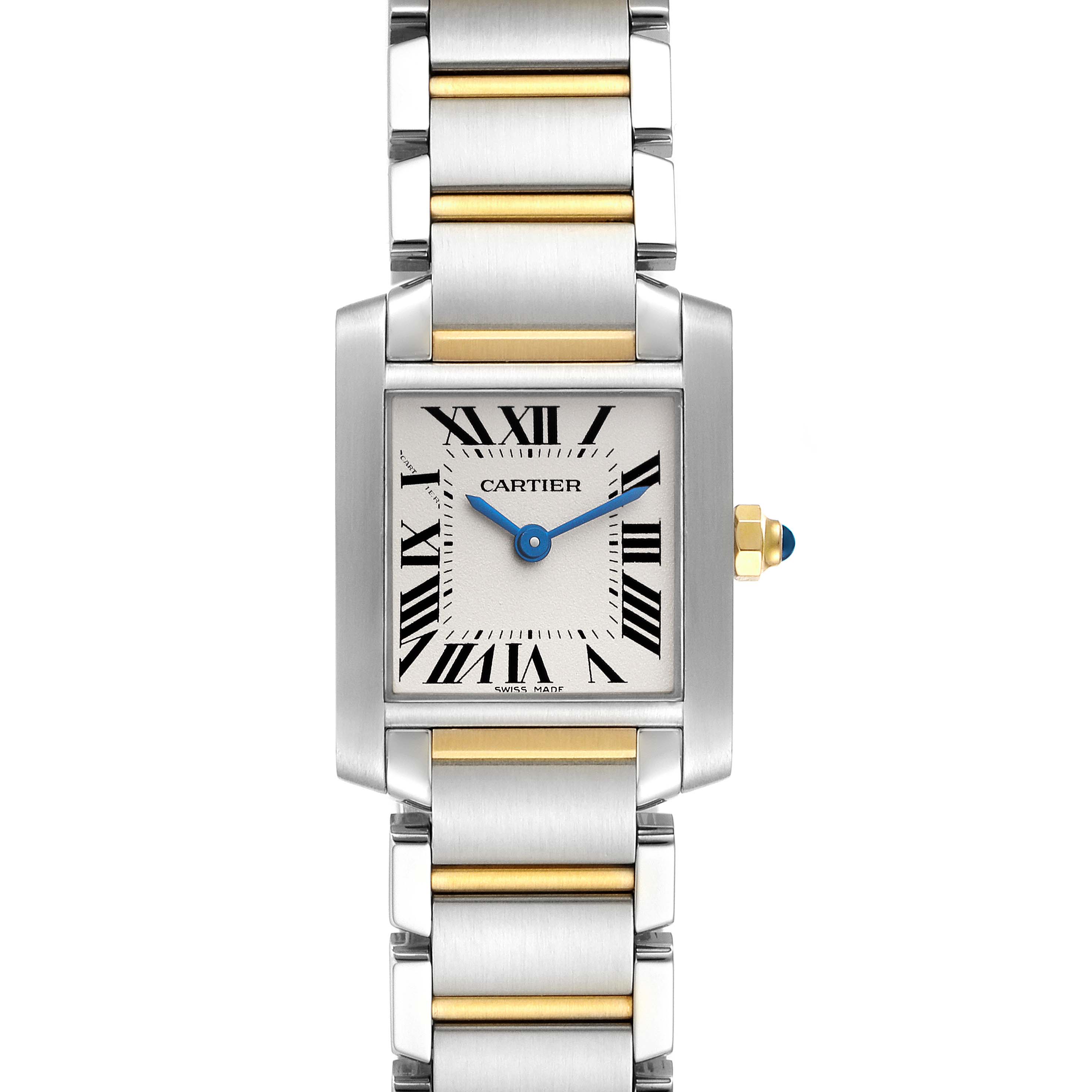 The image shows a frontal view of the Cartier Tank Française watch, highlighting its rectangular face and two-tone metal bracelet.