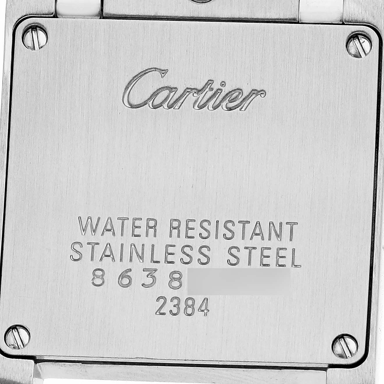 The image shows the back case of the Cartier Tank Francaise W51007Q4 Women's Steel and Gold (two tone) Silver Dial watch, highlighting its water-resistant stainless steel construction.