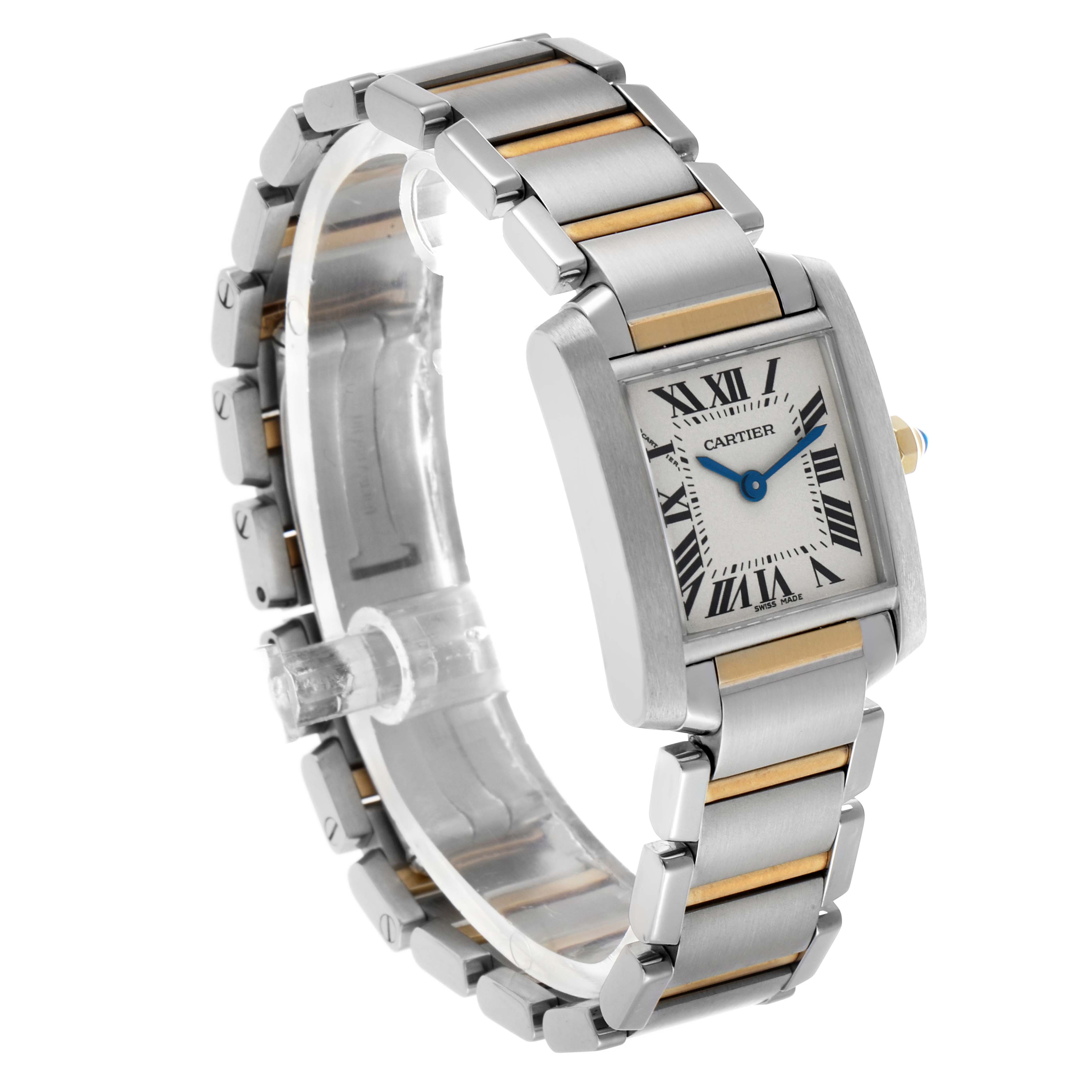 The Cartier Tank Francaise W51007Q4 Women's Steel and Gold (two tone) Silver Dial watch is shown at a three-quarter angle, highlighting the face, bracelet, and crown.
