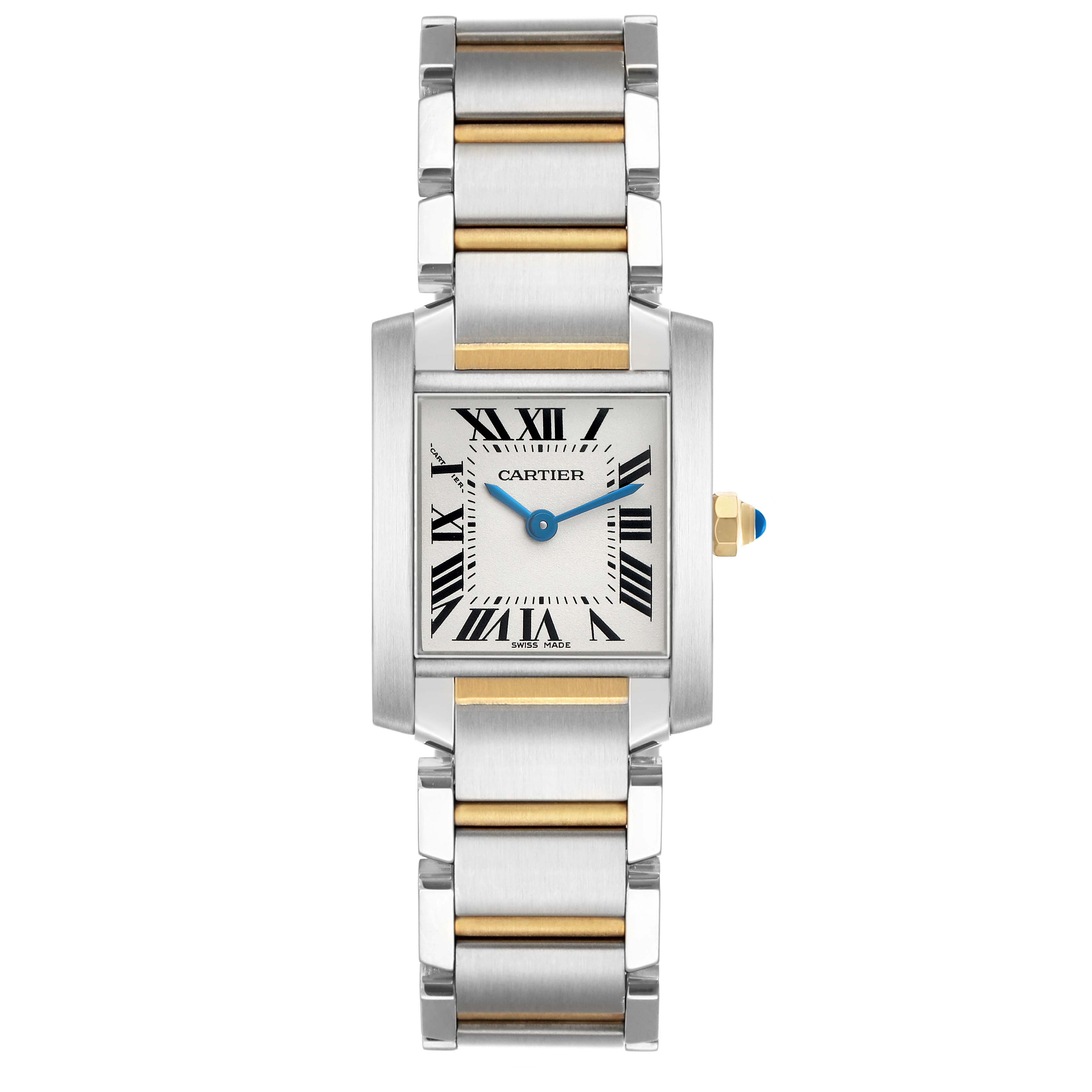 The Cartier Tank Française watch is shown from a front angle, highlighting its rectangular face, Roman numerals, and two-tone bracelet.