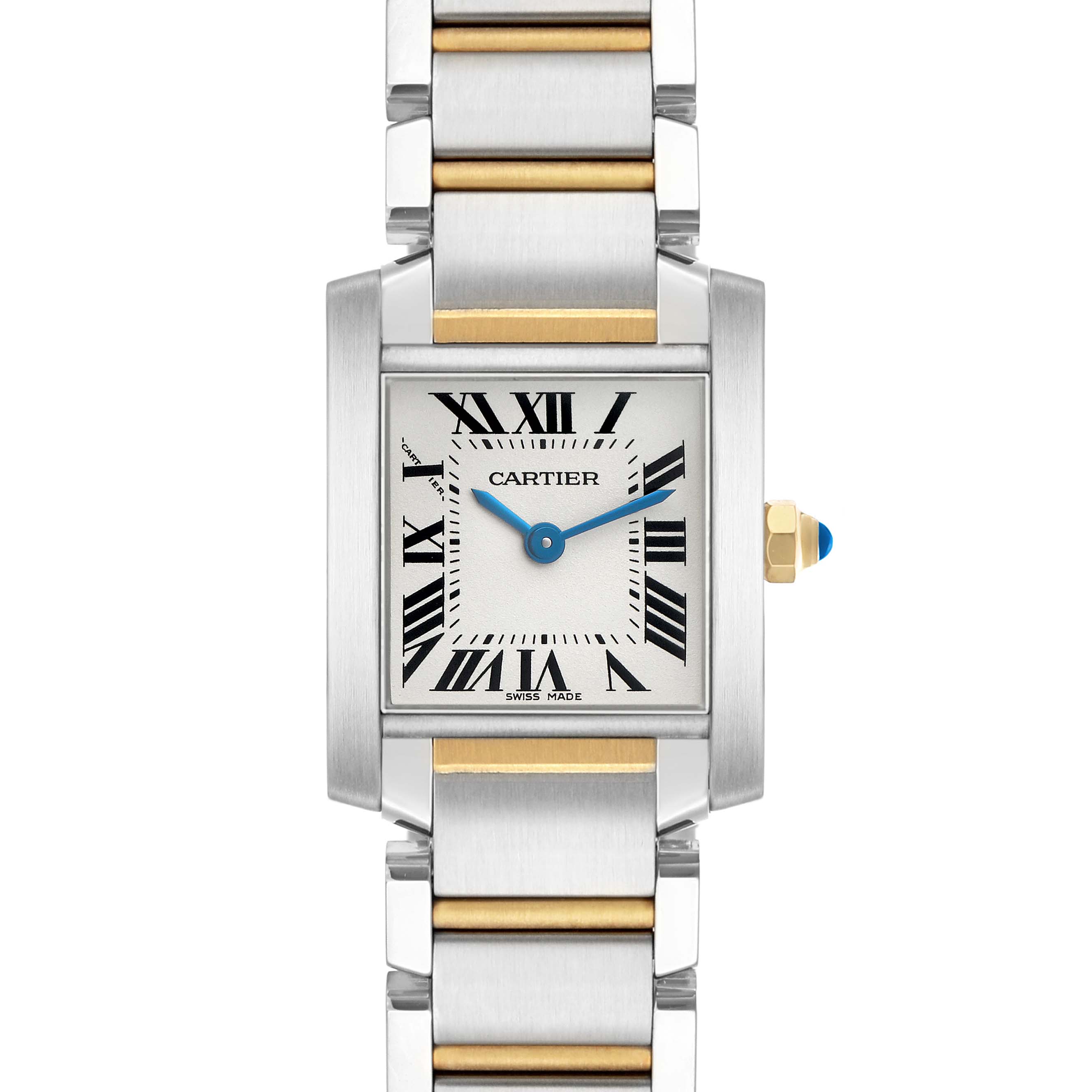 The Cartier Tank Francaise W51007Q4 Women's Steel and Gold (two tone) Silver Dial watch is shown from the front, displaying the dial, bracelet, and crown with a blue cabochon.