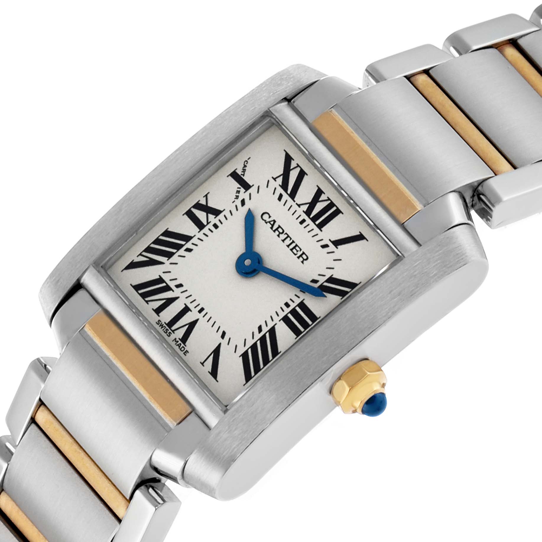 The Cartier Tank Francaise W51007Q4 Women's Steel and Gold (two tone) Silver Dial watch is shown at an angle displaying its rectangular face, Roman numerals, blue hands, and bi-metal bracelet.