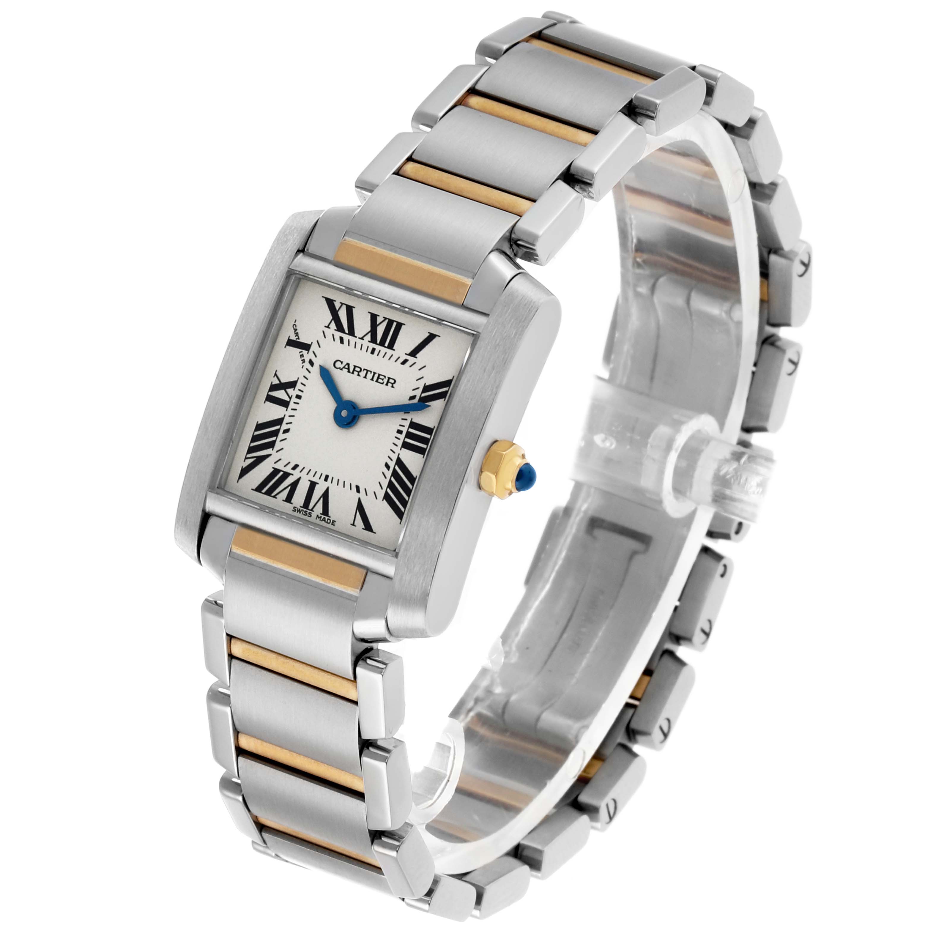 The Cartier Tank Francaise W51007Q4 Women's Steel and Gold (two tone) Silver Dial watch is positioned at an angled side view, showing the face, bezel, bracelet, and crown.