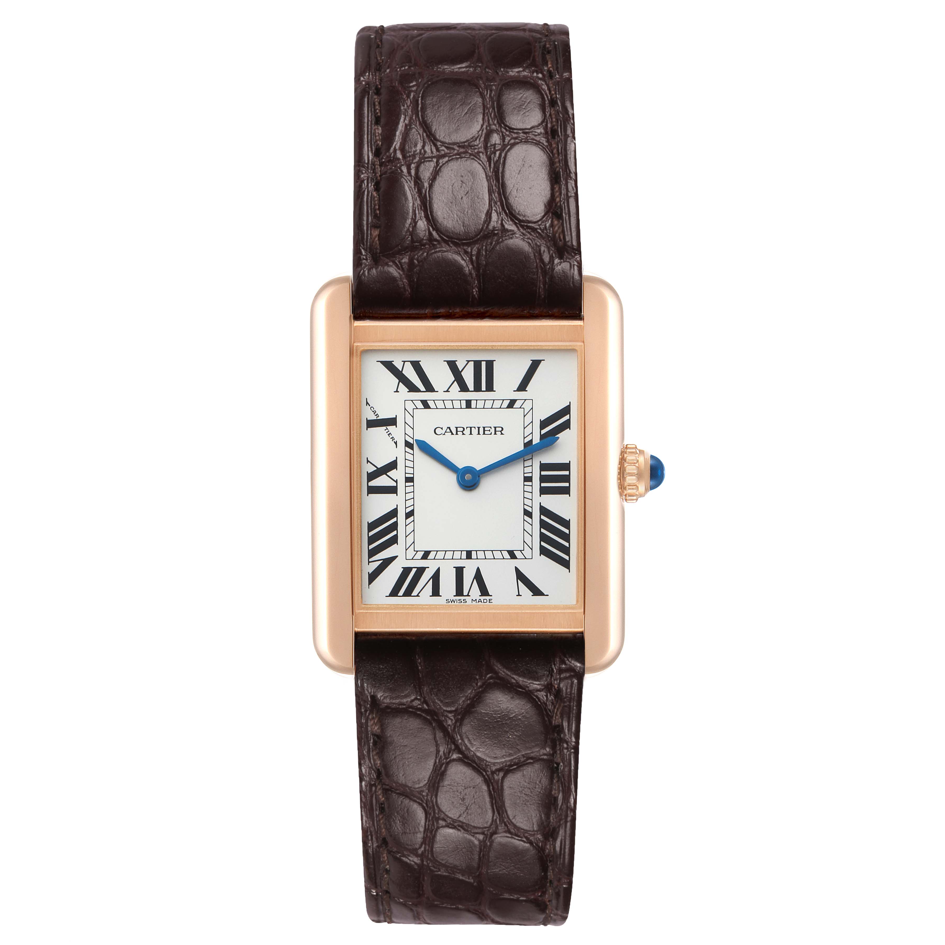 The Cartier Tank Solo W5200024 Women's Rose Gold Silver Dial watch is shown front-facing, highlighting its rectangular face, Roman numerals, and leather strap.