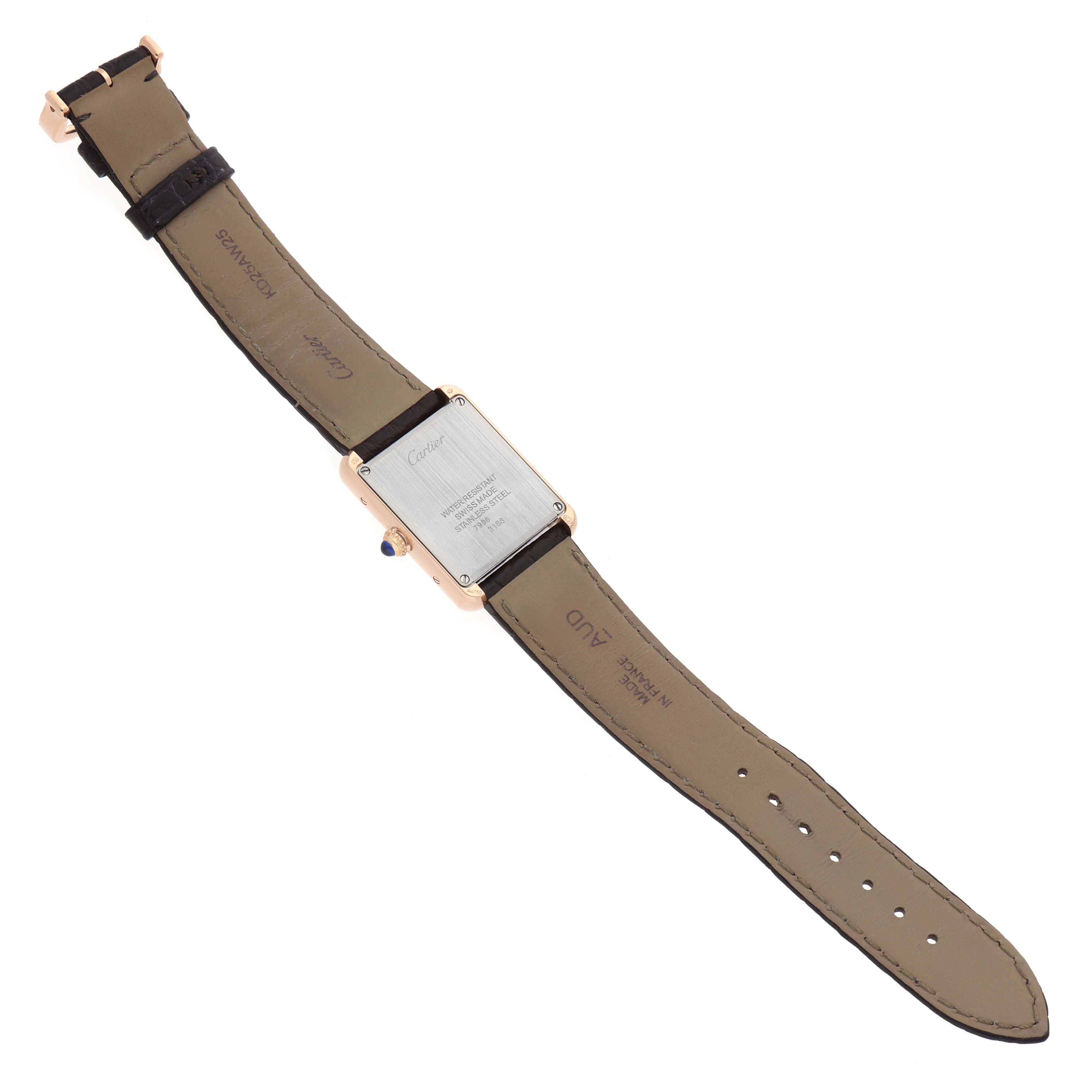 The Cartier Tank Solo W5200024 Women's Rose Gold Silver Dial is shown from the back, highlighting the leather strap and case back details.