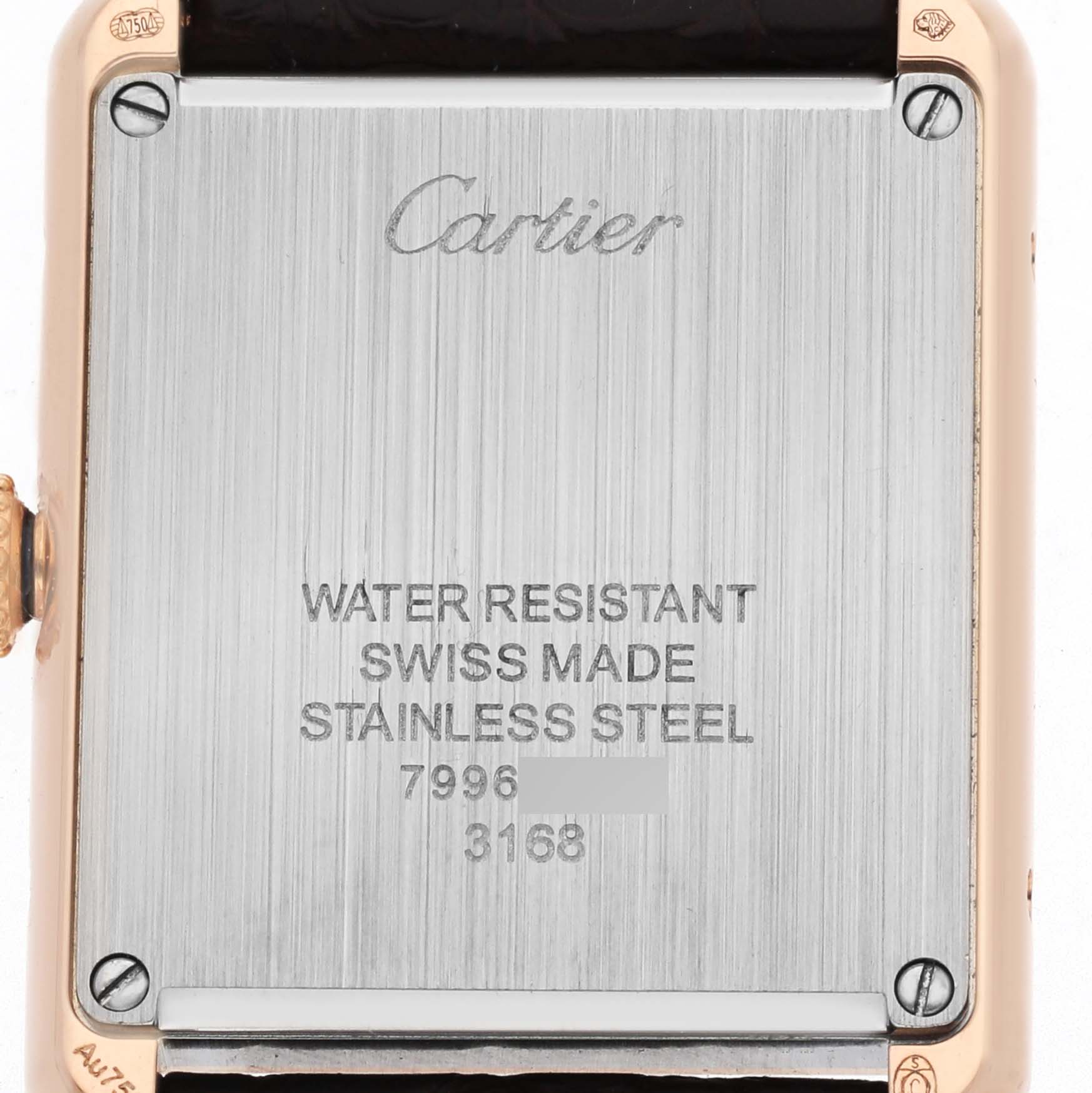 The image shows the back of a Cartier Tank Solo W5200024 Women's Rose Gold Silver Dial watch, highlighting its stainless steel case and water resistance details.
