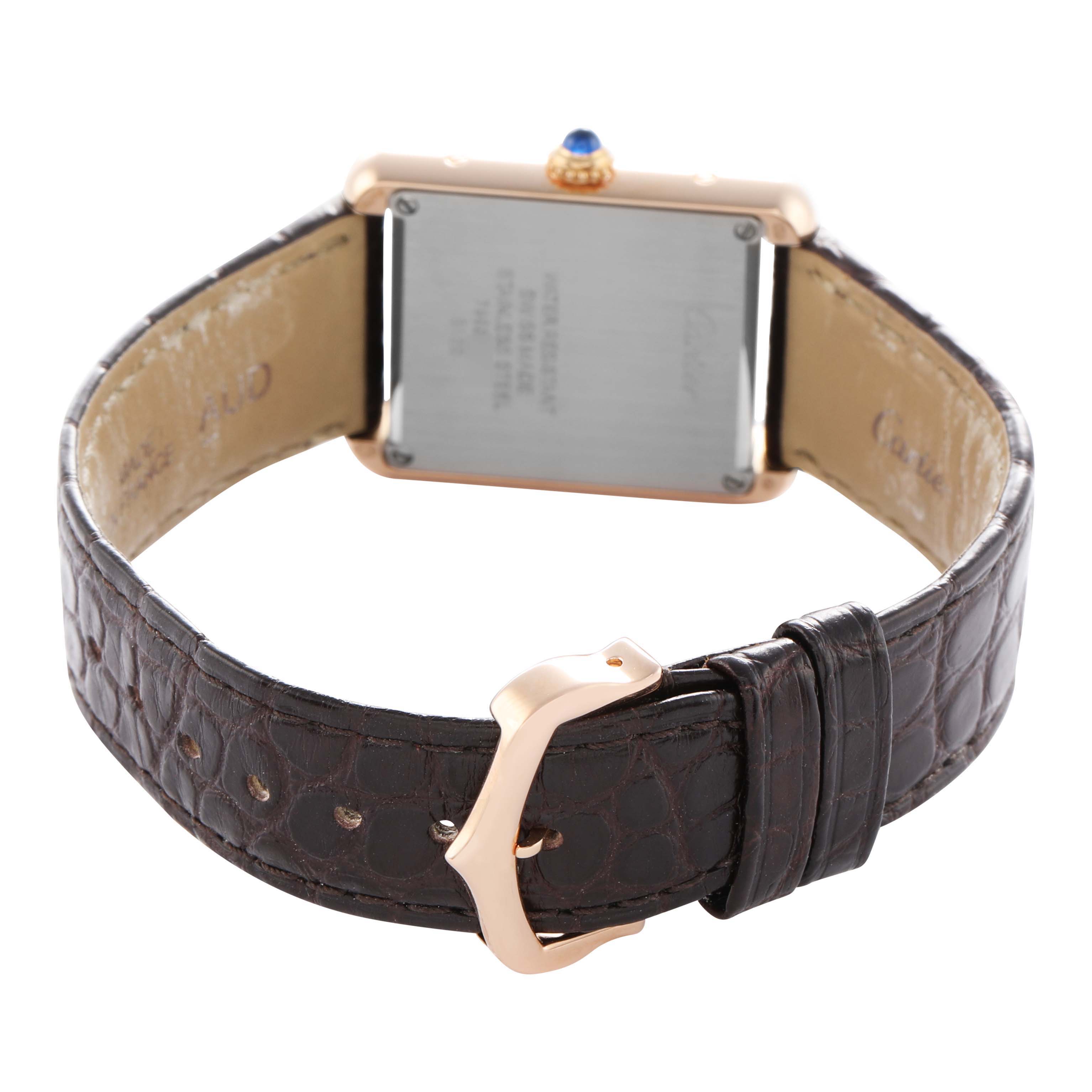 The image shows the back of a Cartier Tank Solo W5200024 Women's Rose Gold Silver Dial watch, highlighting the case, crown, leather strap, and buckle.