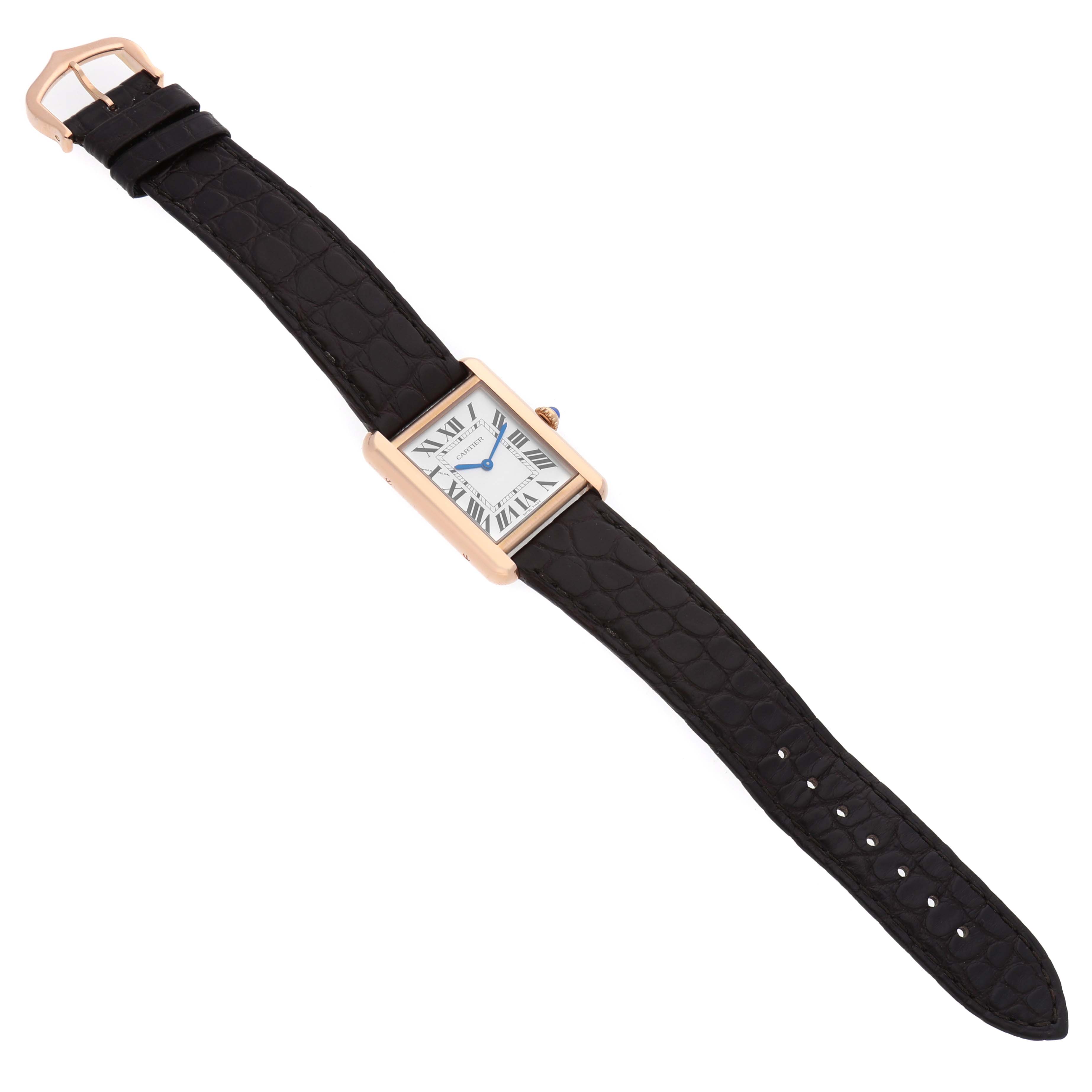 The Cartier Tank Solo W5200024 Women's Rose Gold Silver Dial watch is shown from a slight overhead angle, displaying the case, dial, strap, and buckle.