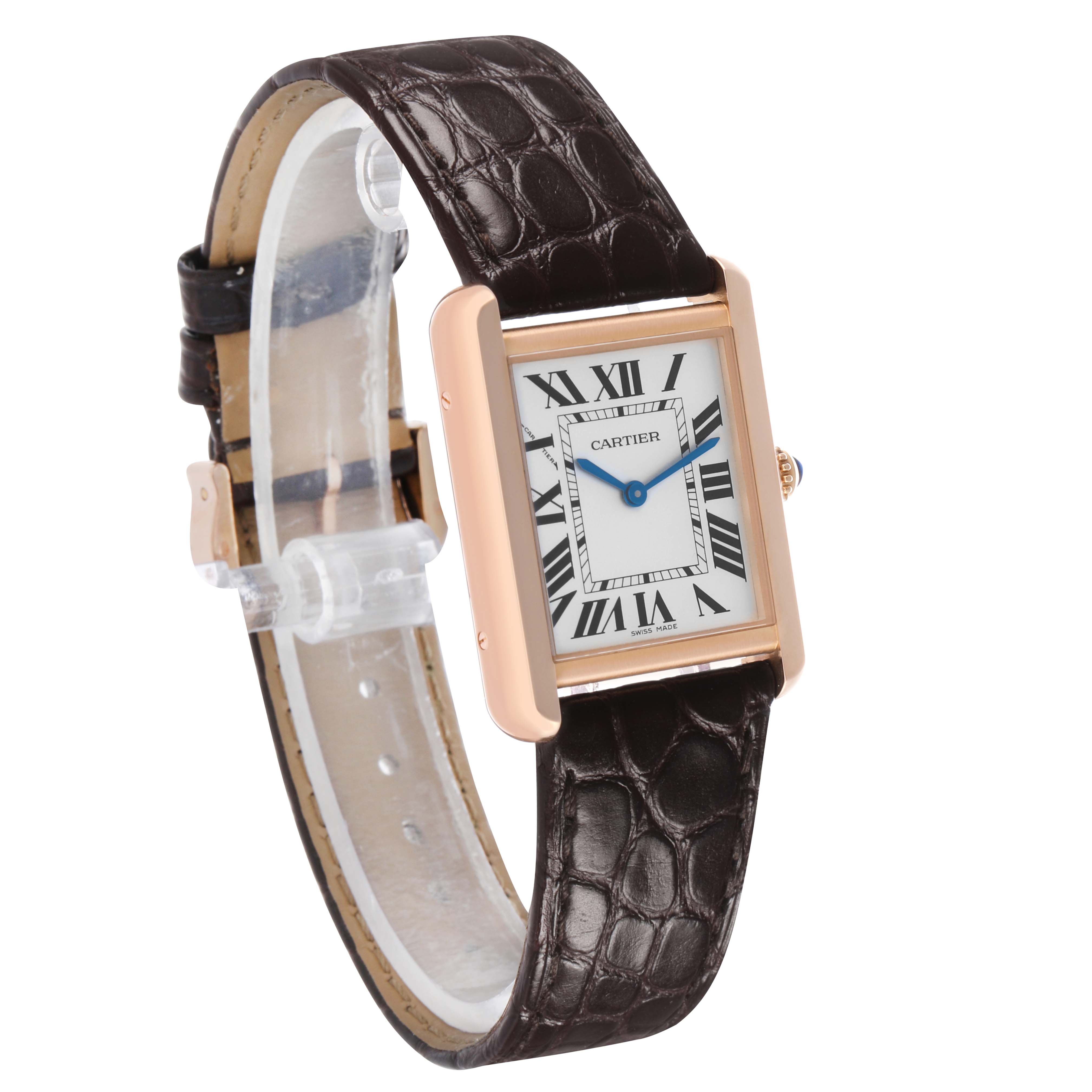 The Cartier Tank Solo W5200024 Women's Rose Gold Silver Dial watch is shown at a three-quarter angle, displaying the face, Roman numerals, crown, and leather strap.