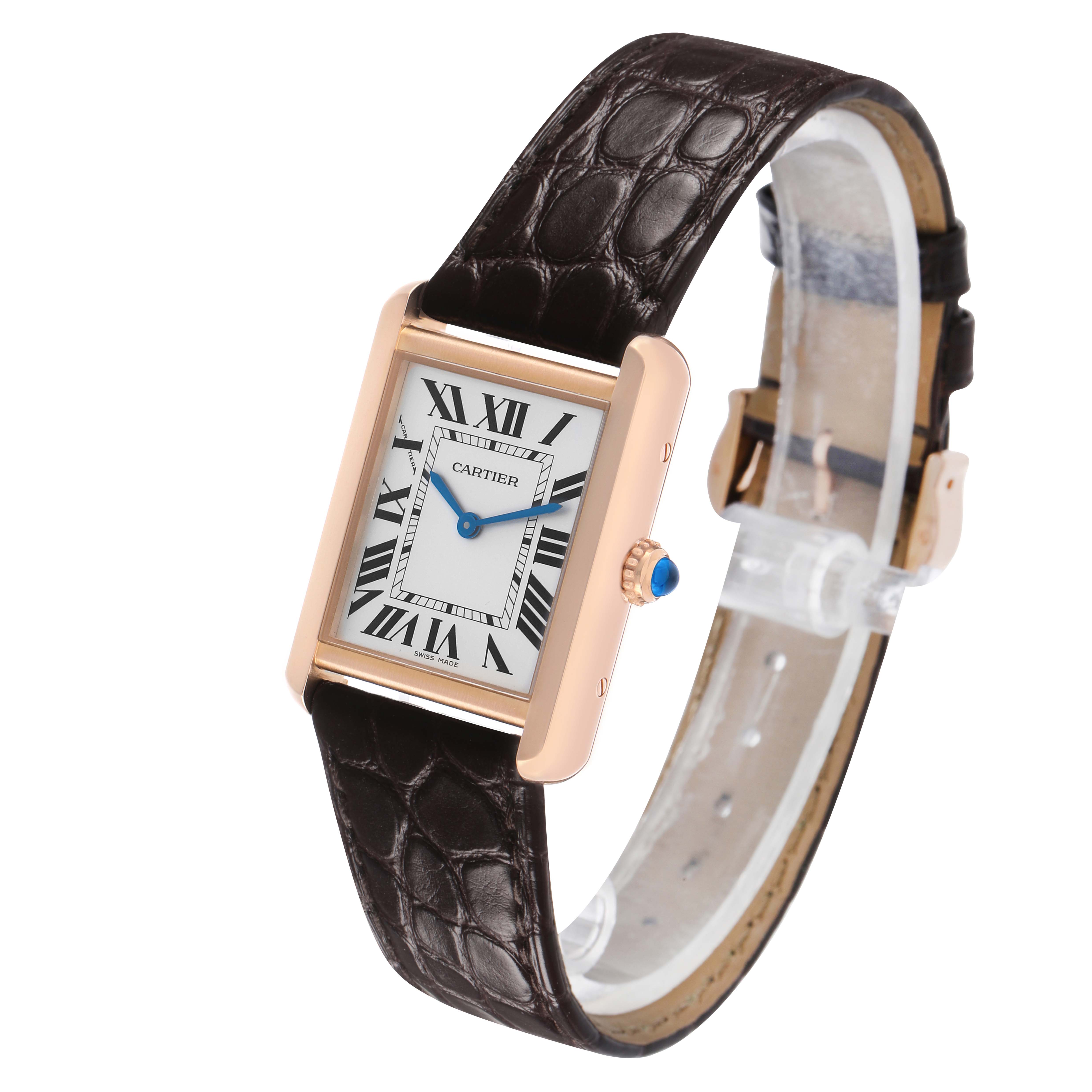 The Cartier Tank Solo W5200024 Women's Rose Gold Silver Dial watch is displayed at a three-quarter angle, showing its face, case, and leather strap.