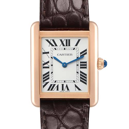The Cartier Tank Solo W5200024 Women's Rose Gold Silver Dial watch is shown from a front angle, displaying the face, Roman numerals, hands, and leather strap.