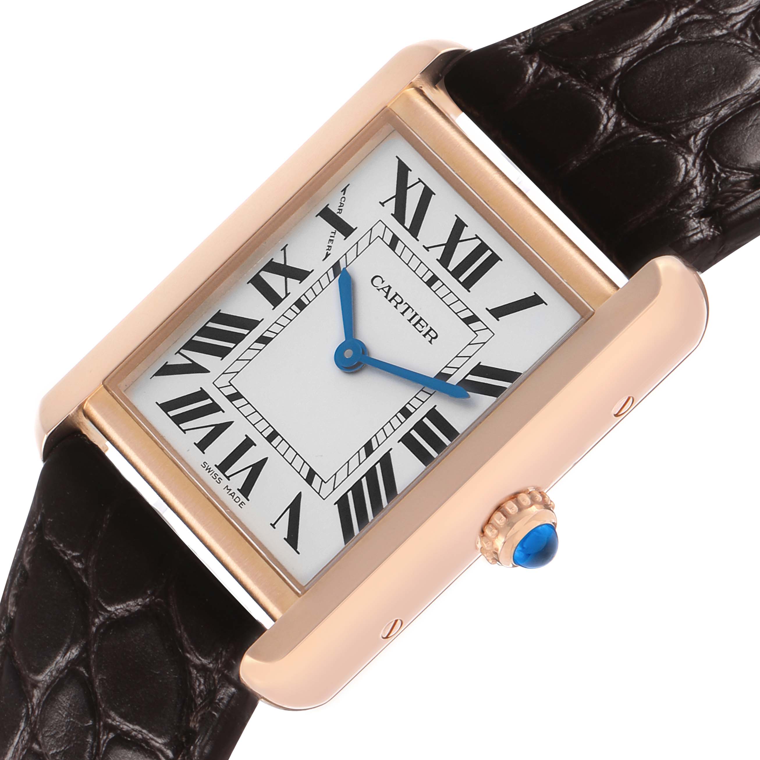The Cartier Tank Solo W5200024 Women's Rose Gold Silver Dial watch is shown at a slightly angled top-down view, highlighting the dial, case, strap, and crown.