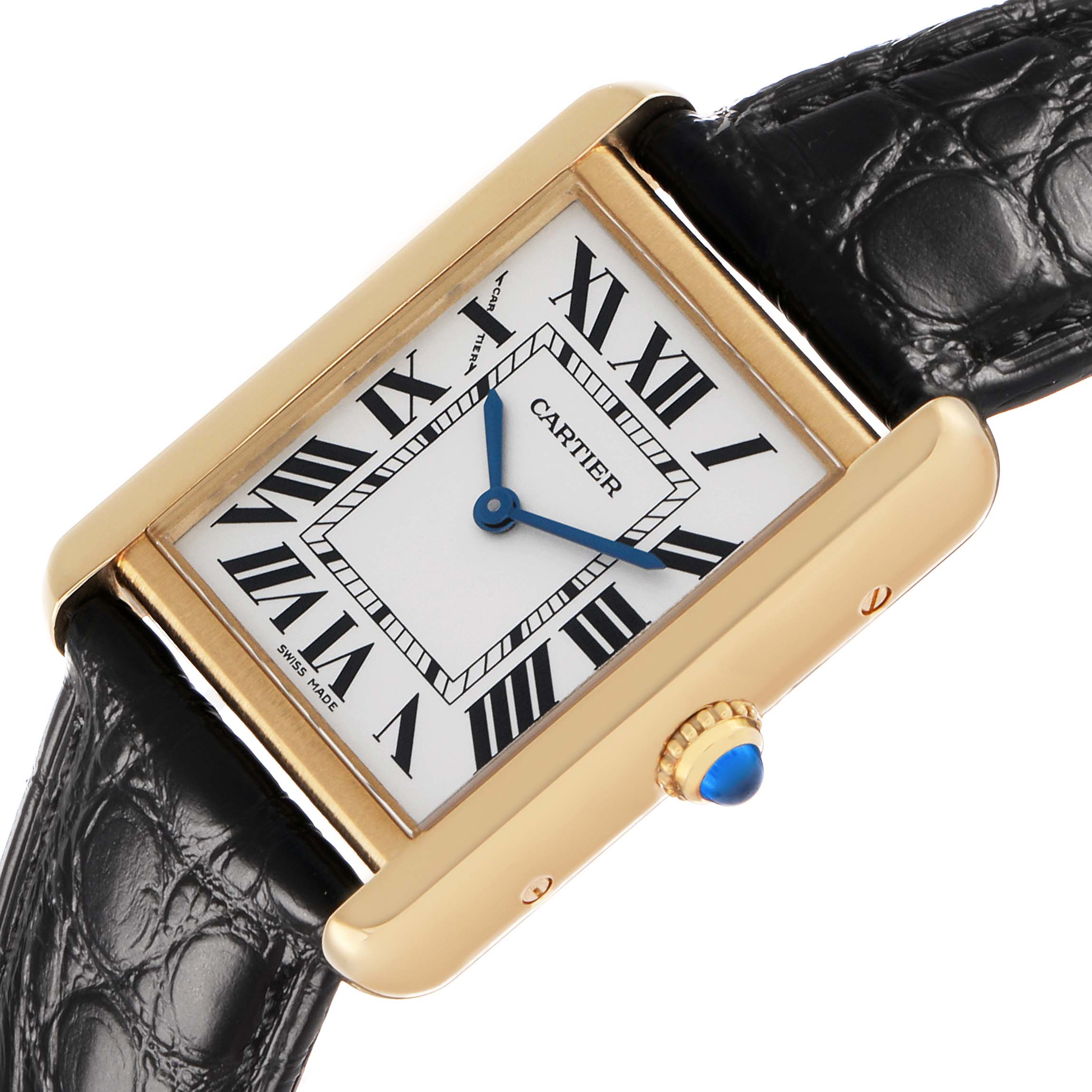 The Cartier Tank Solo W1018755 Women's Yellow Gold Silver Dial watch is shown at an angle, highlighting its rectangular face, Roman numerals, blue hands, and leather strap.