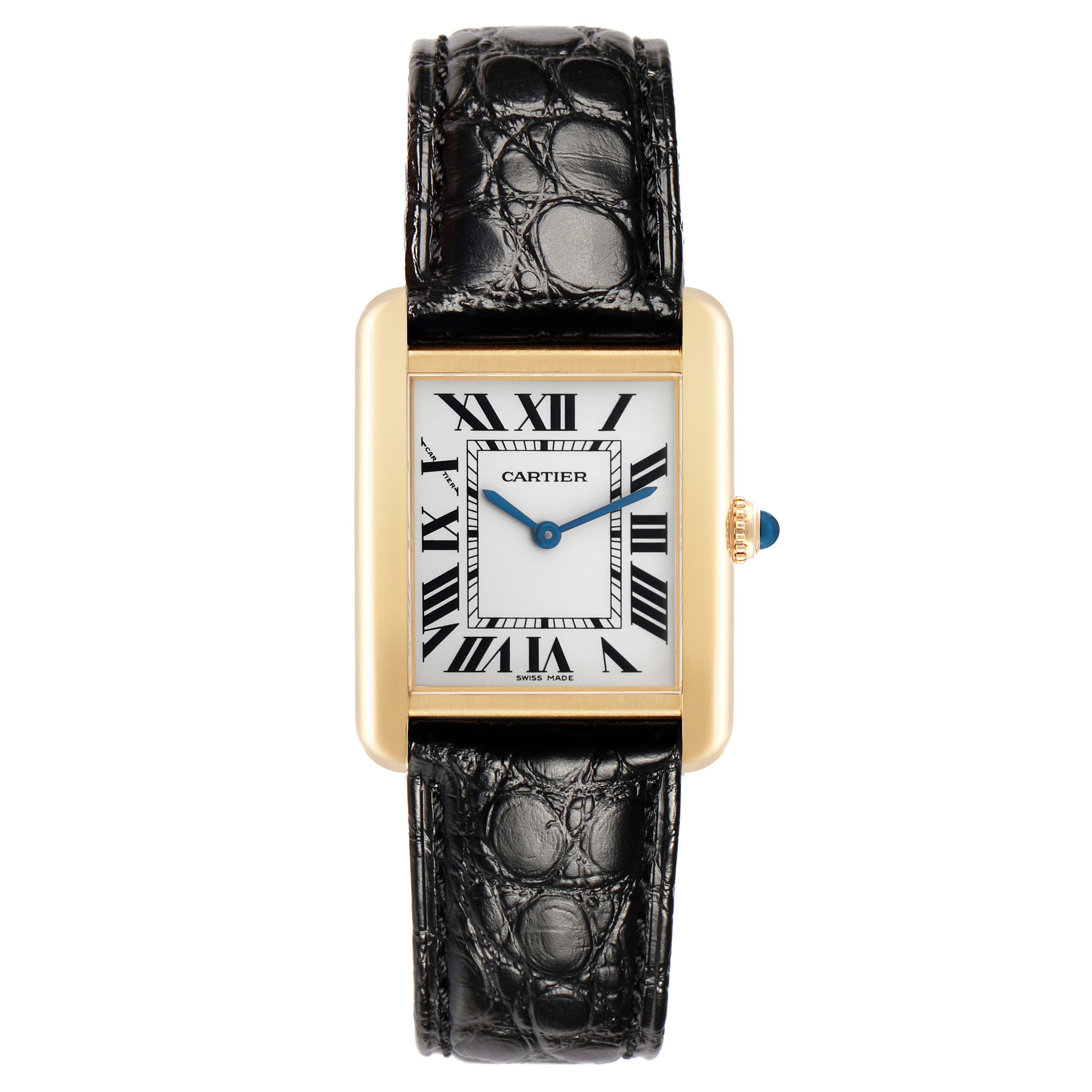 The Cartier Tank Solo W1018755 Women's Yellow Gold Silver Dial watch is shown from a top view, featuring its rectangular face, Roman numerals, and leather strap.