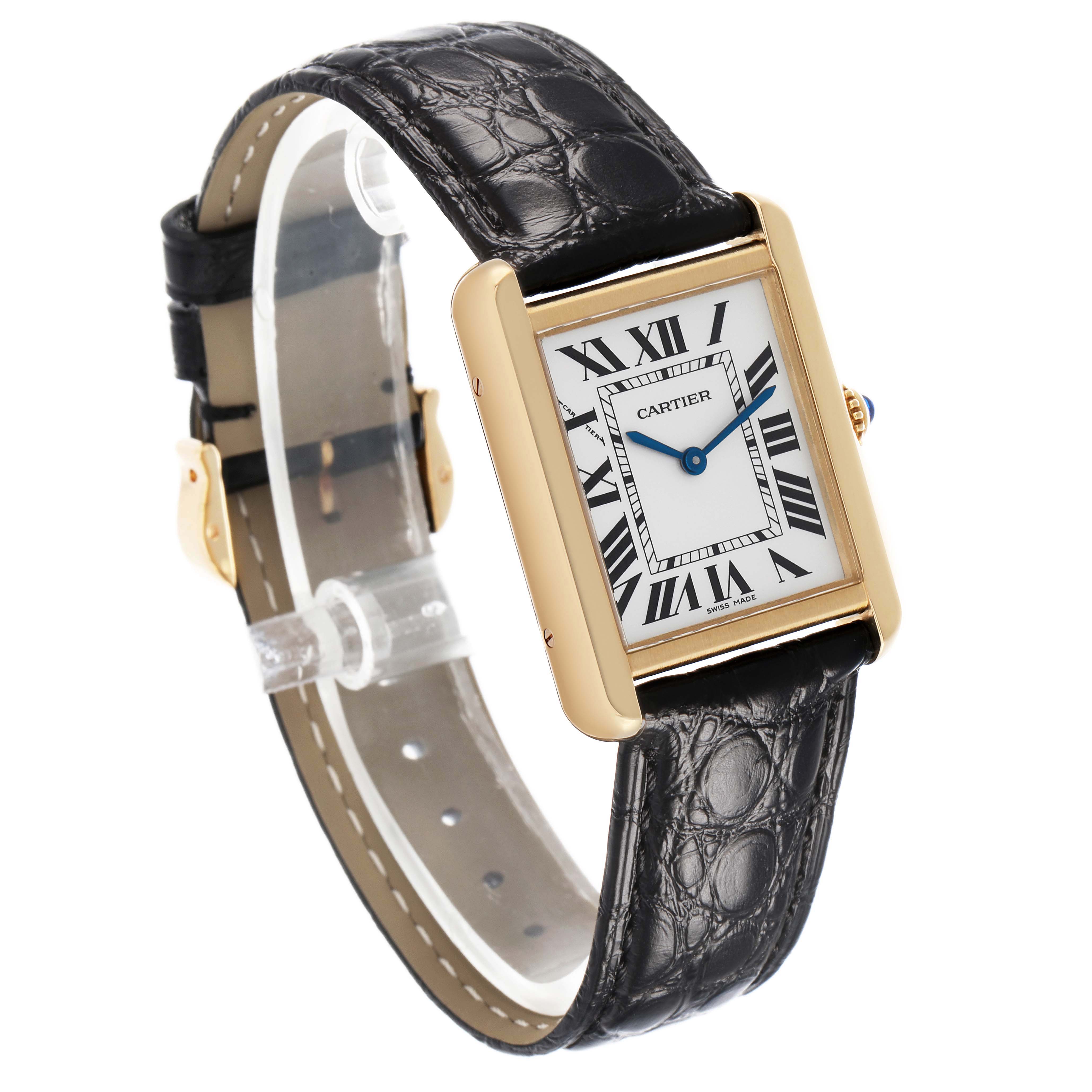 The Cartier Tank Solo W1018755 Women's Yellow Gold Silver Dial watch is shown at a three-quarter angle, displaying its rectangular face and leather strap.