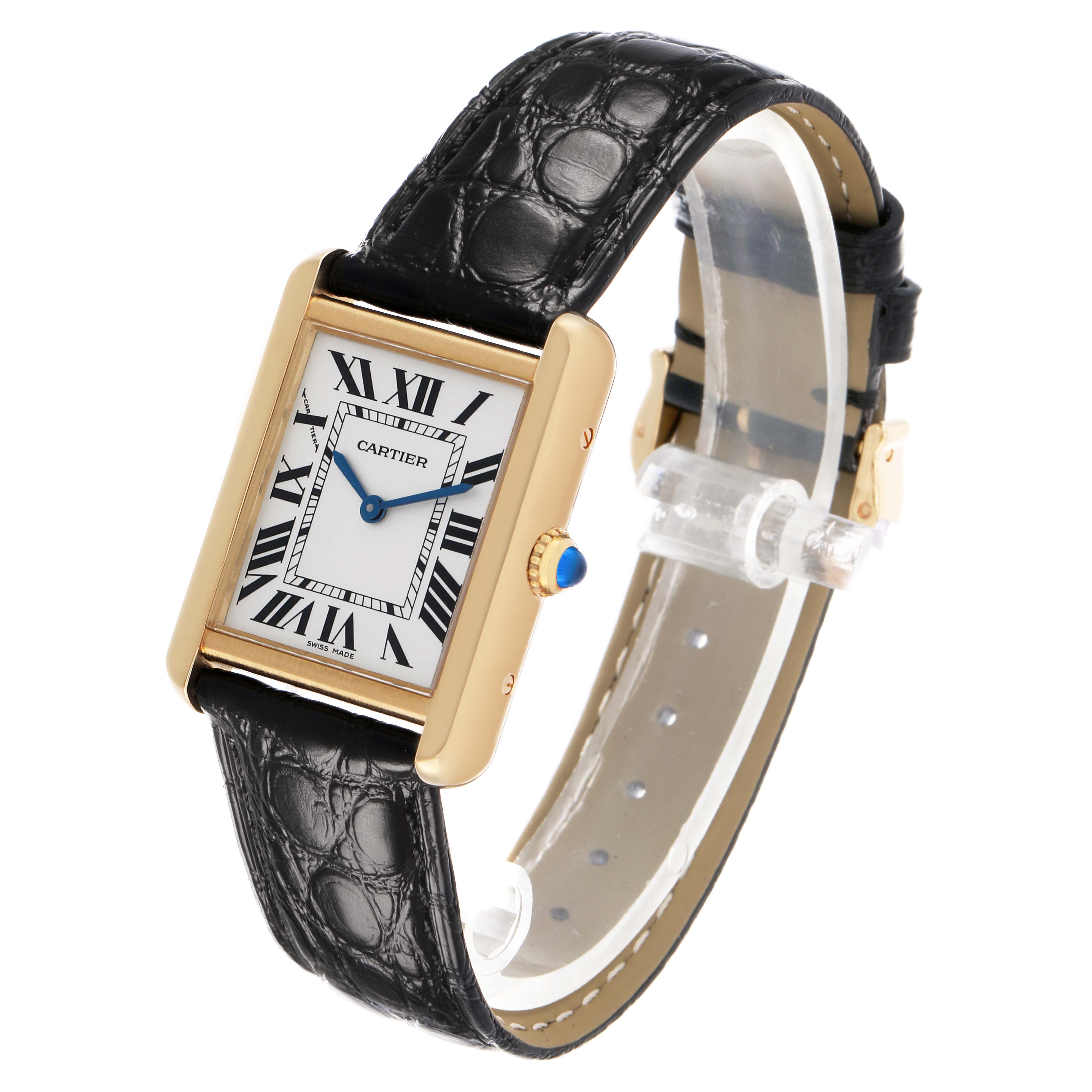 The Cartier Tank Solo W1018755 Women's Yellow Gold Silver Dial watch is shown from a slightly angled side view, displaying the face, strap, and crown with a blue cabochon.