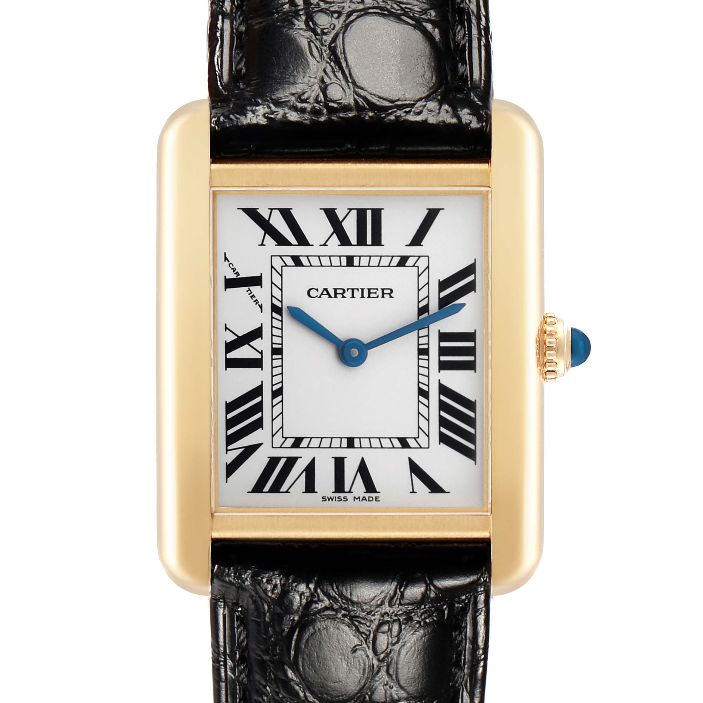 The Cartier Tank Solo W1018755 Women's Yellow Gold Silver Dial watch is shown from the front, highlighting its rectangular face, Roman numerals, and classic leather strap.