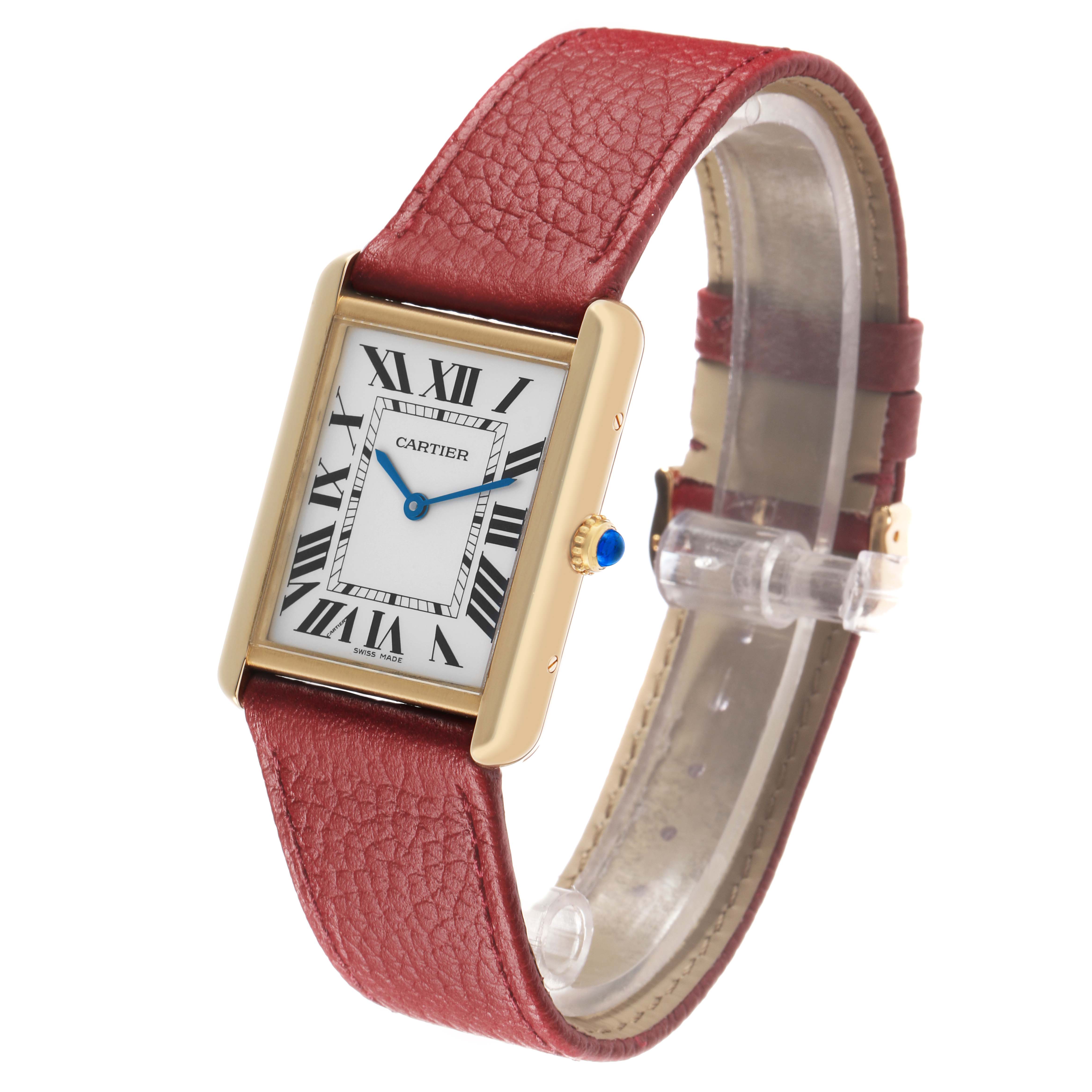 The Cartier Tank Solo W1018855 Men's Yellow Gold Silver Dial watch is shown at a three-quarter angle, displaying the face, case, and leather strap.