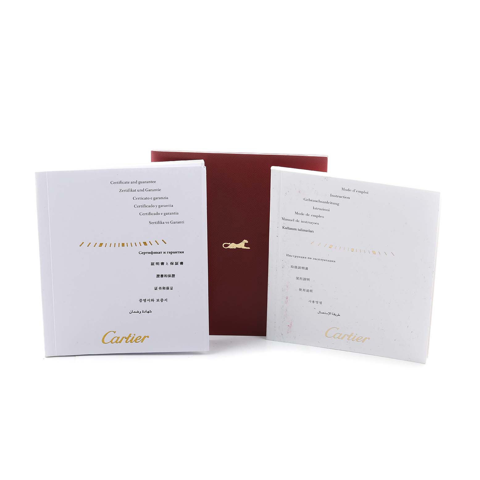The image shows the warranty and manual documents for the Cartier Tank Solo W1018855 Men's Yellow Gold Silver Dial watch, along with a red booklet cover.