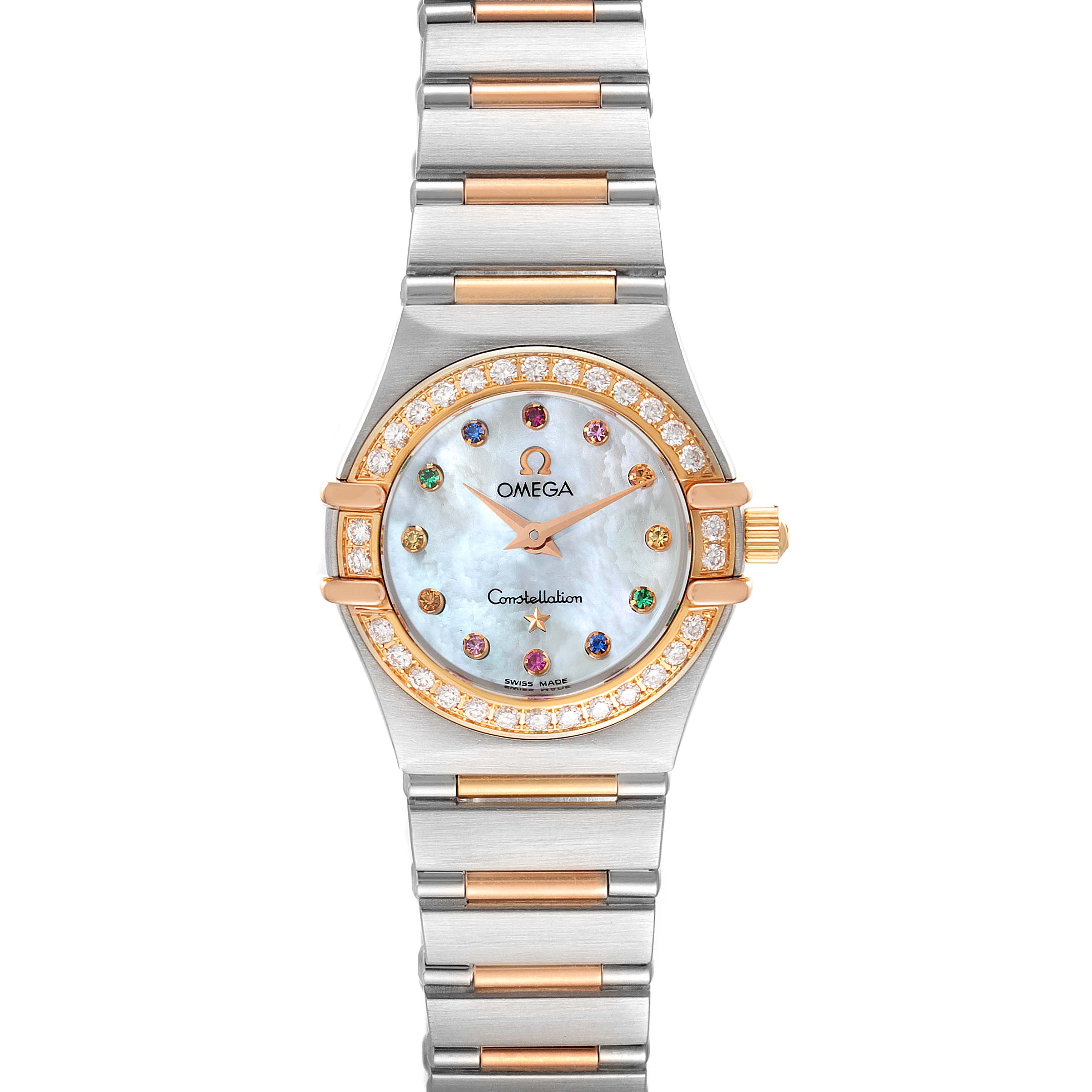 The image shows a frontal view of the Omega 1365.79.00 Women
s Steel and Gold (two tone) Mother of Pearl Dial 1365.79.00 Women
s Steel and Gold (two tone) Mother of Pearl Dial Constellation Iris Steel Rose Gold Multi Stone Ladies Watch 1365.79.00, highlighting its face and bracelet.