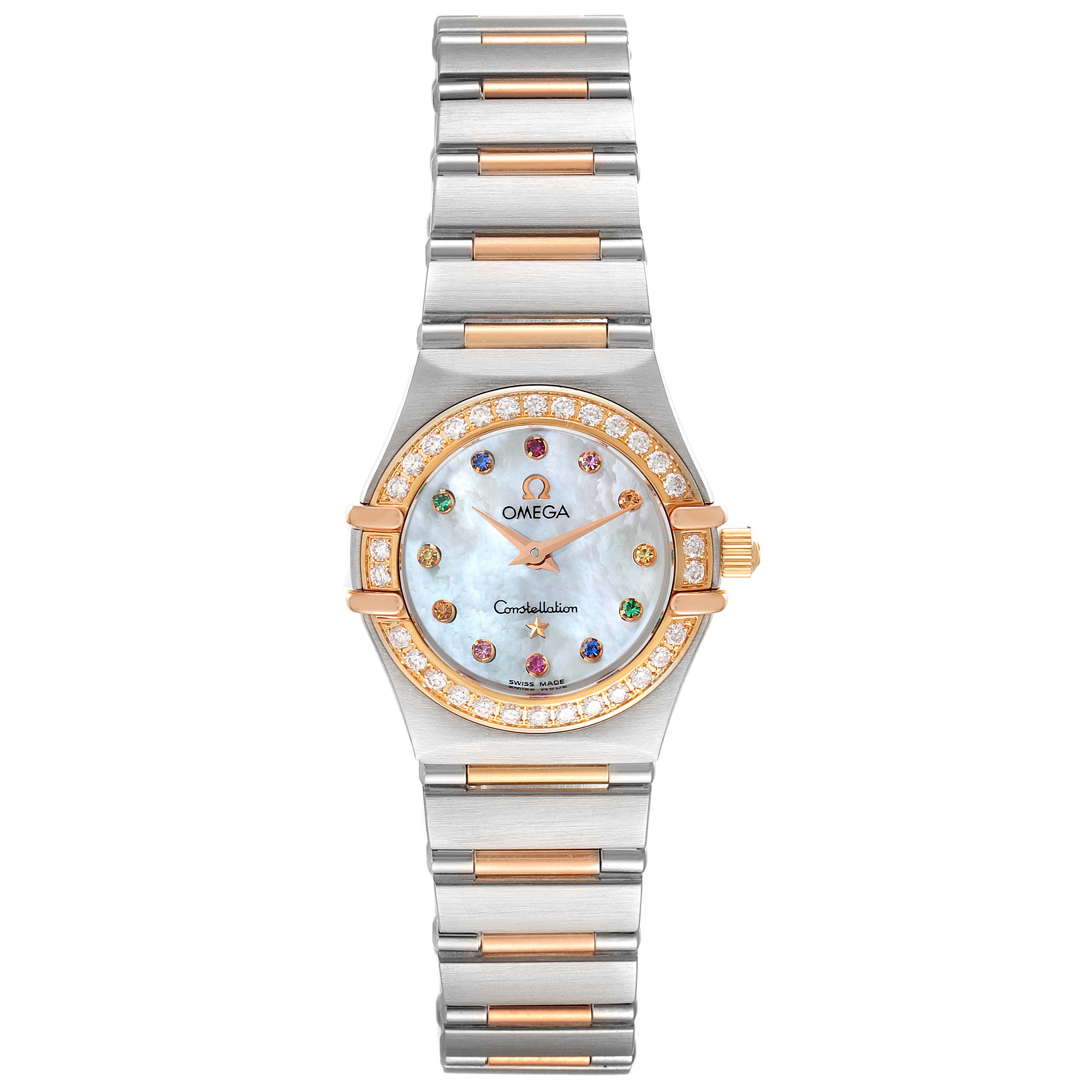 The image shows a front view of an Omega 1365.79.00 Women
s Steel and Gold (two tone) Mother of Pearl Dial 1365.79.00 Women
s Steel and Gold (two tone) Mother of Pearl Dial Constellation Iris Steel Rose Gold Multi Stone Ladies Watch model 1365.79.00.