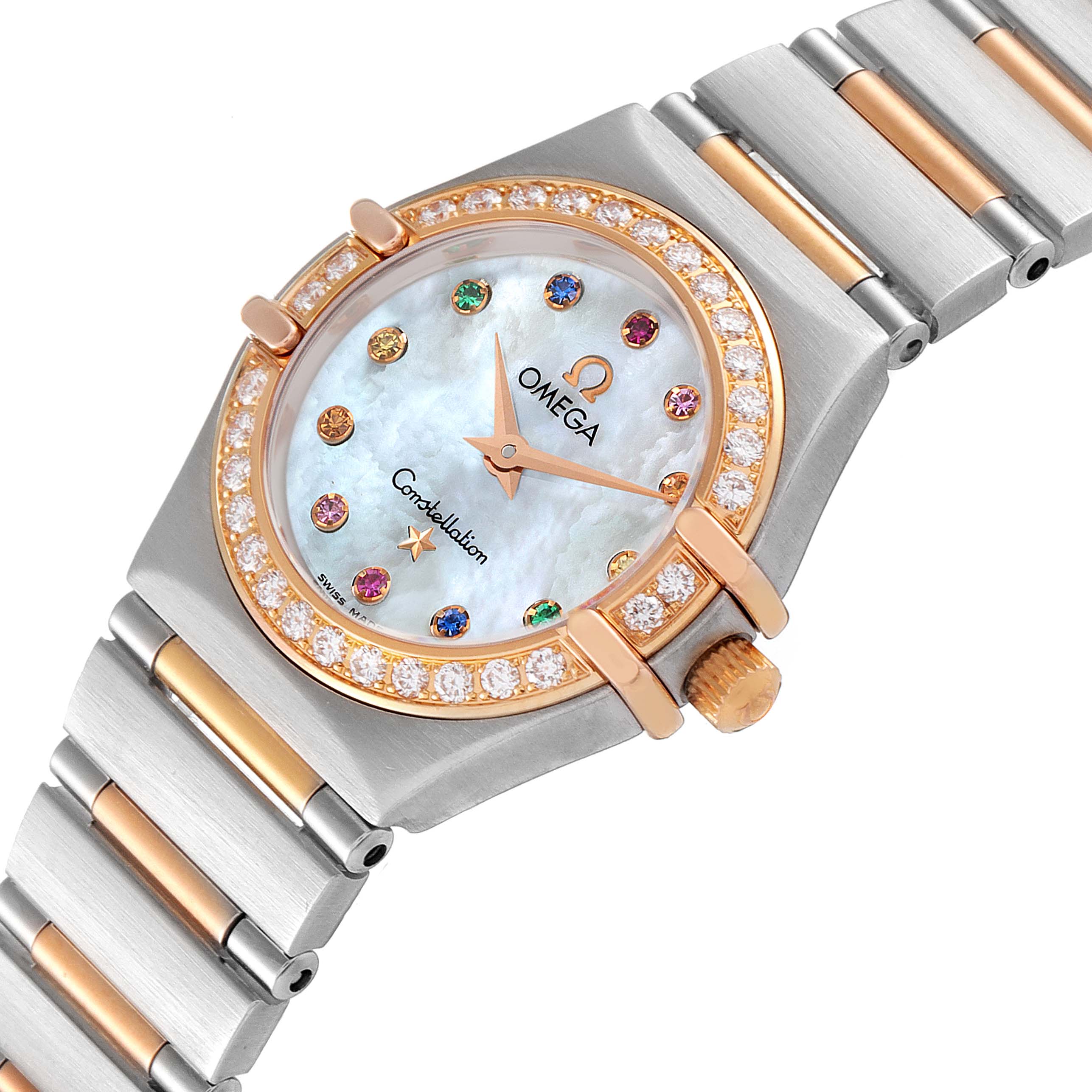 The image shows a close-up, angled view of the Omega 1365.79.00 Women
s Steel and Gold (two tone) Mother of Pearl Dial 1365.79.00 Women
s Steel and Gold (two tone) Mother of Pearl Dial Constellation Iris Steel Rose Gold Multi Stone Ladies Watch 1365.79.00, highlighting the bezel and dial.