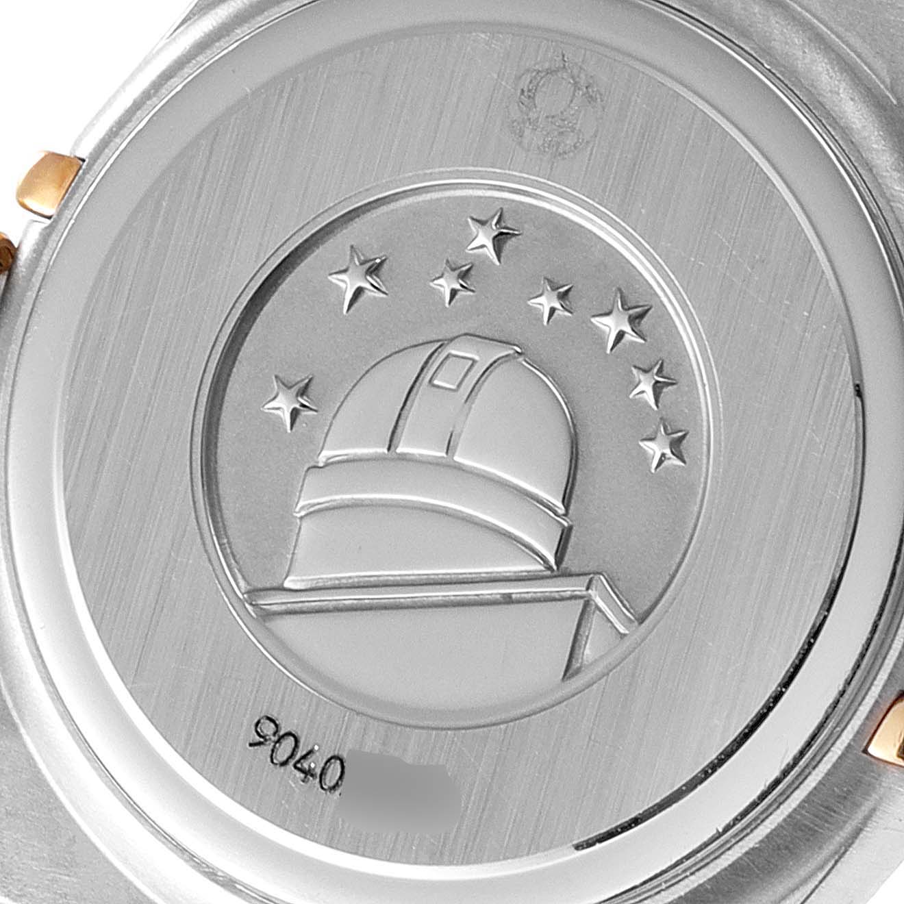 This image shows the back casing of the Omega 1365.79.00 Women
s Steel and Gold (two tone) Mother of Pearl Dial 1365.79.00 Women
s Steel and Gold (two tone) Mother of Pearl Dial Constellation Iris Steel Rose Gold Multi Stone Ladies Watch 1365.79.00 with embossed detailing.