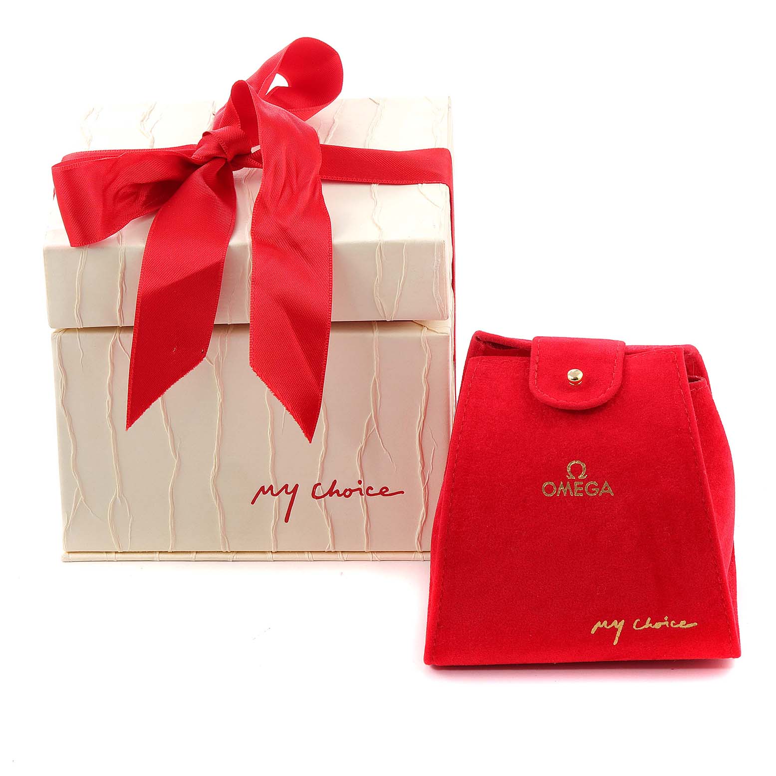 The image shows the packaging for the Omega 1365.79.00 Women
s Steel and Gold (two tone) Mother of Pearl Dial 1365.79.00 Women
s Steel and Gold (two tone) Mother of Pearl Dial Constellation Iris Steel Rose Gold Multi Stone Ladies Watch 1365.79.00, including a box and a pouch.