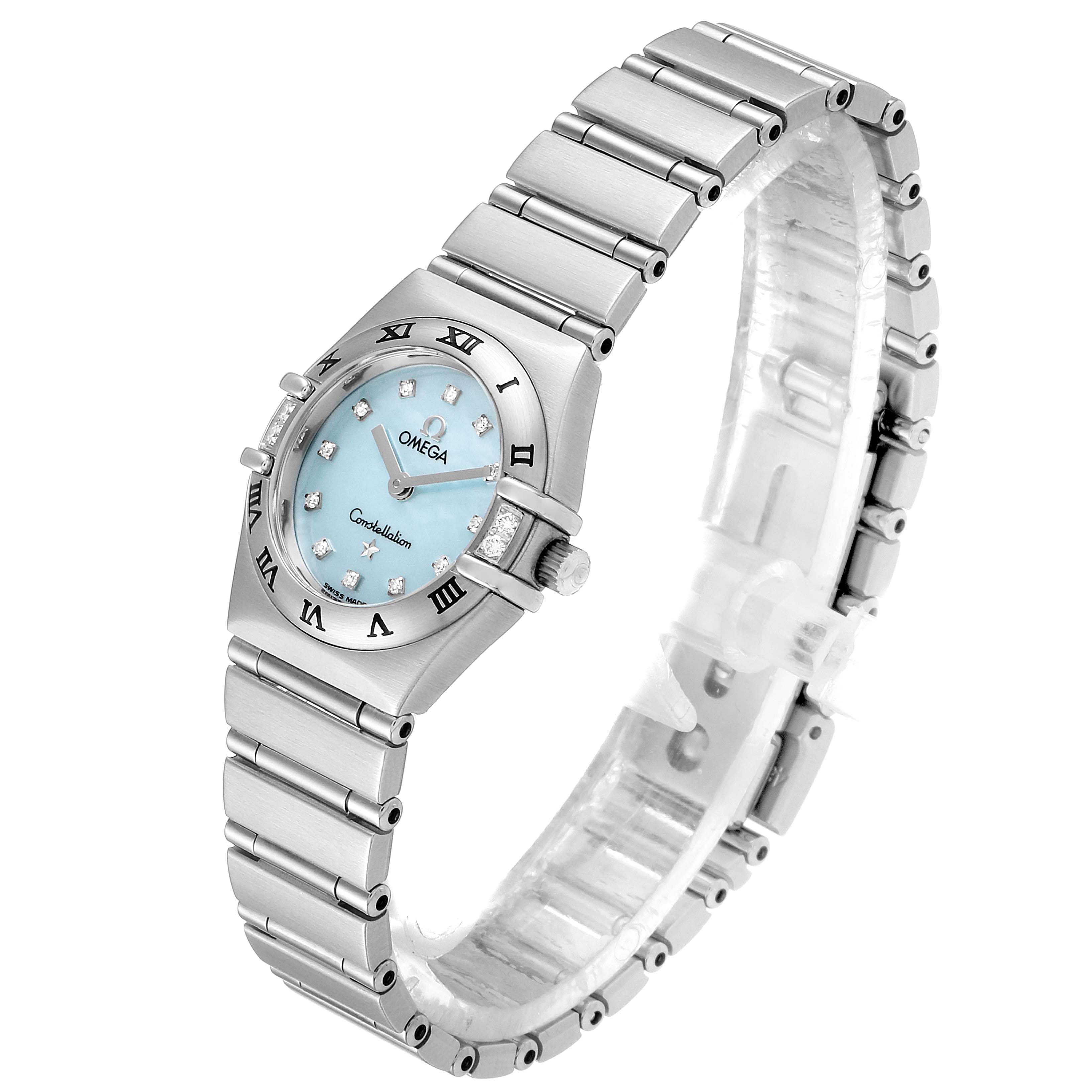 The Omega 1567.86.00 Women
s Stainless Steel Mother of Pearl Dial 1567.86.00 Women
s Stainless Steel Mother of Pearl Dial Constellation Mini Blue MOP Diamonds Ladies Watch 1567.86.00 is shown at an angled view displaying its face and bracelet.
