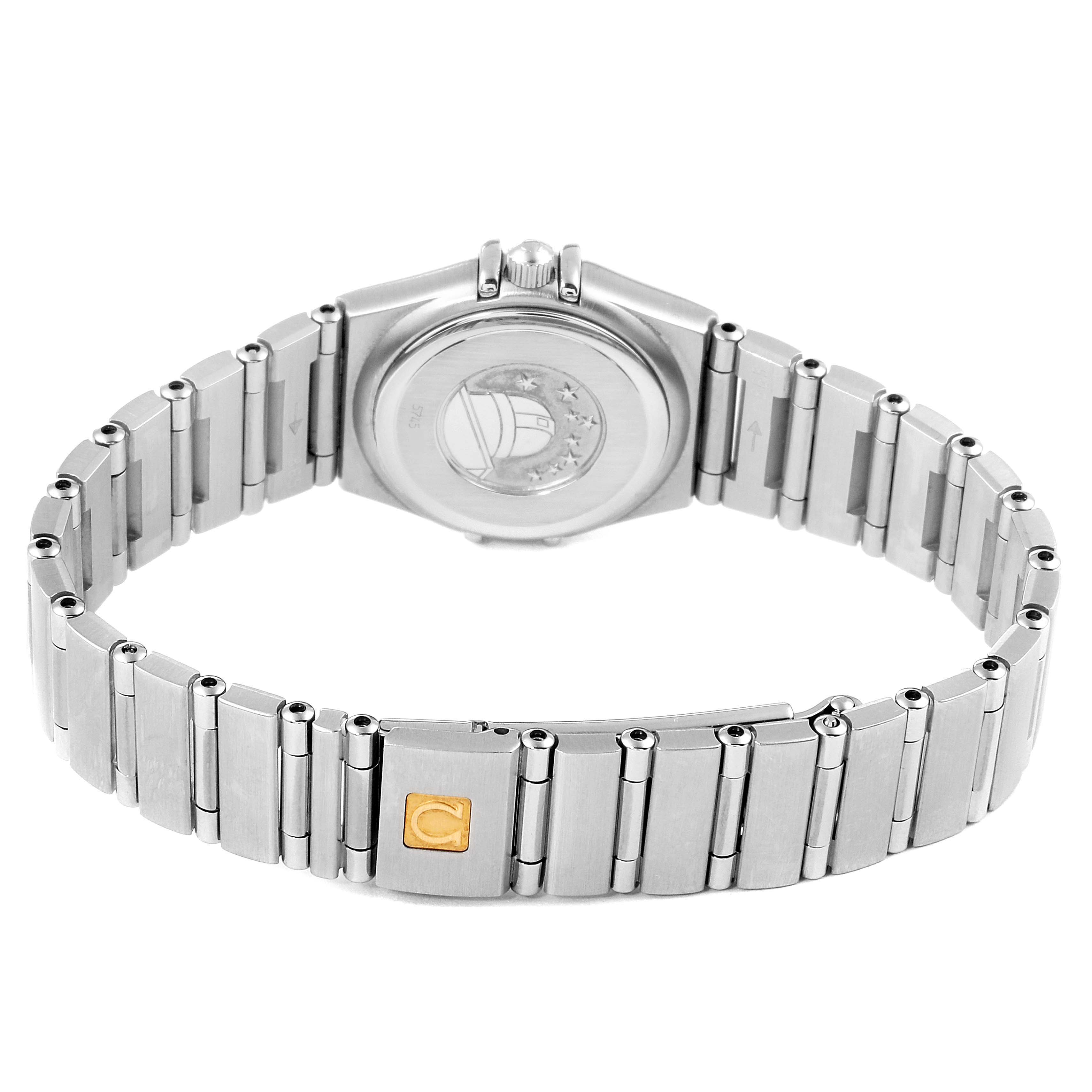 The image shows the back and bracelet of the Omega 1567.86.00 Women
s Stainless Steel Mother of Pearl Dial 1567.86.00 Women
s Stainless Steel Mother of Pearl Dial Constellation Mini Blue MOP Diamonds Ladies Watch 1567.86.00.