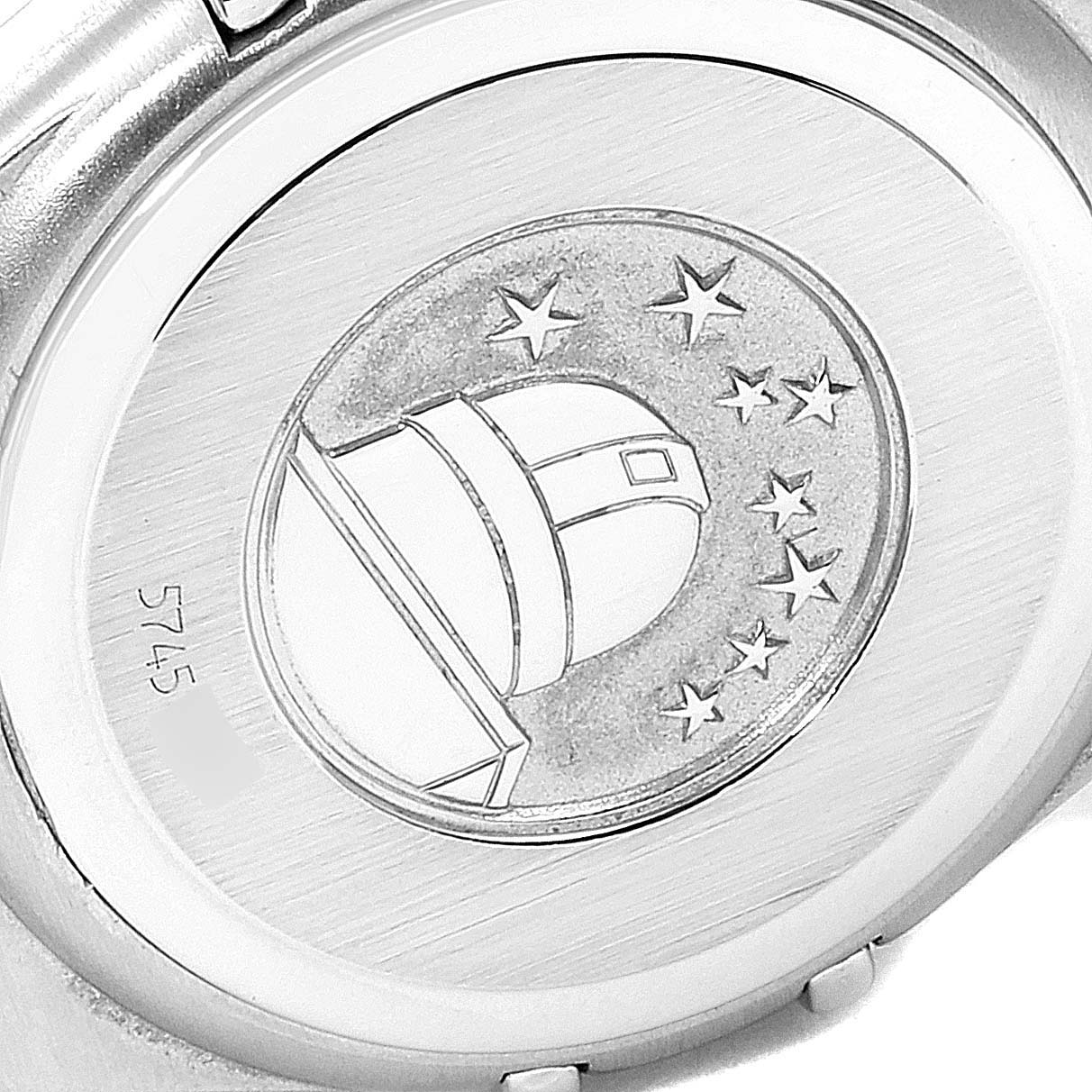 This image showcases the back case of the Omega 1567.86.00 Women
s Stainless Steel Mother of Pearl Dial 1567.86.00 Women
s Stainless Steel Mother of Pearl Dial Constellation Mini Blue MOP Diamonds Ladies Watch 1567.86.00.