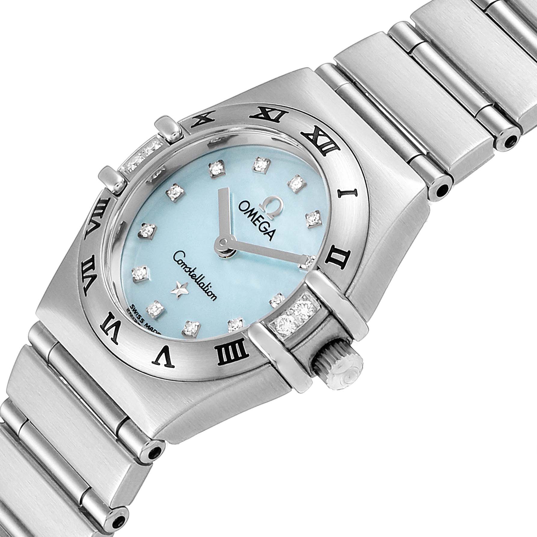The image shows an angled view of the Omega 1567.86.00 Women
s Stainless Steel Mother of Pearl Dial 1567.86.00 Women
s Stainless Steel Mother of Pearl Dial Constellation Mini Blue MOP Diamonds Ladies Watch 1567.86.00, highlighting the dial and part of the bracelet.