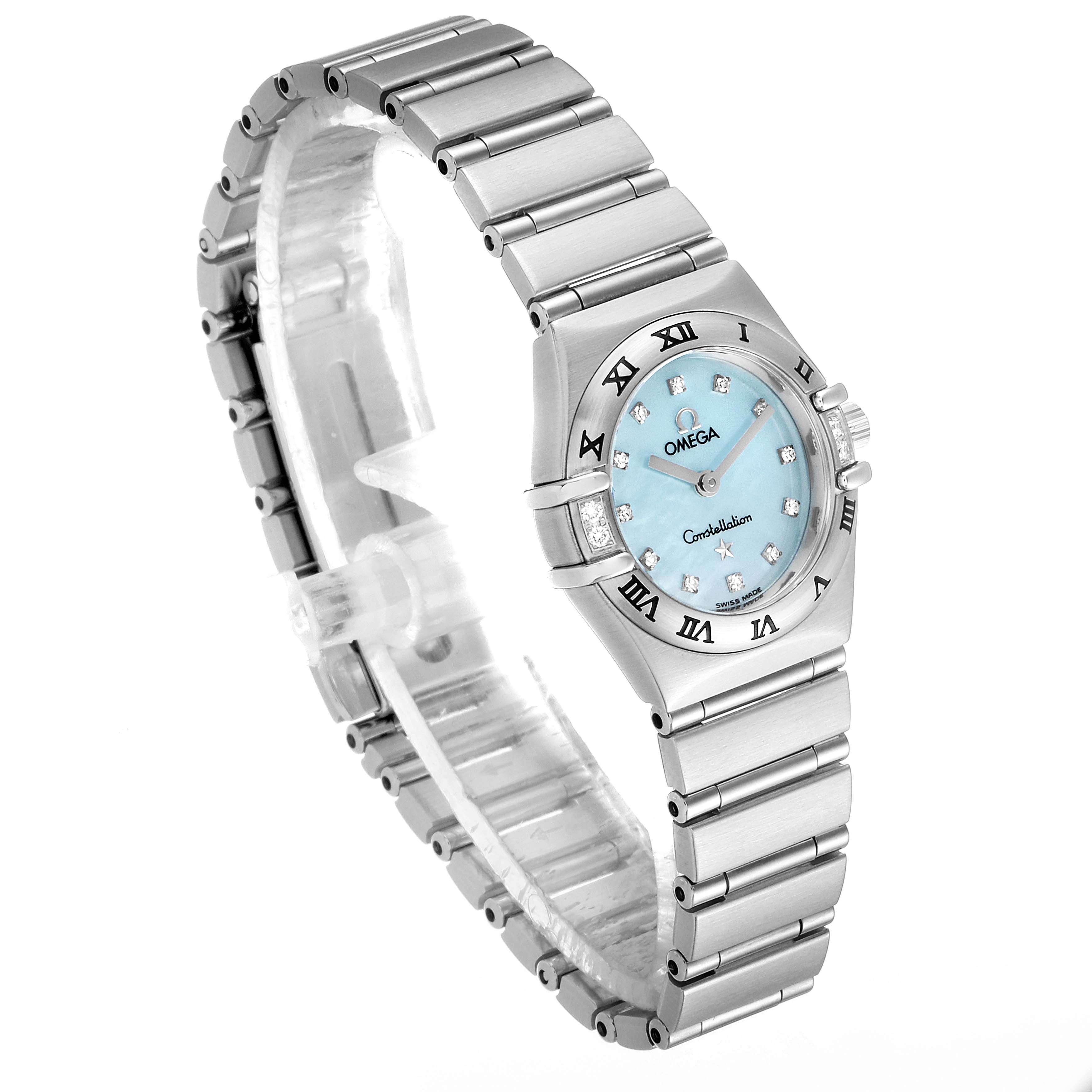 The Omega 1567.86.00 Women
s Stainless Steel Mother of Pearl Dial 1567.86.00 Women
s Stainless Steel Mother of Pearl Dial Constellation Mini Blue MOP Diamonds Ladies Watch 1567.86.00 is photographed at a three-quarter view, showing the dial, bezel, and bracelet.