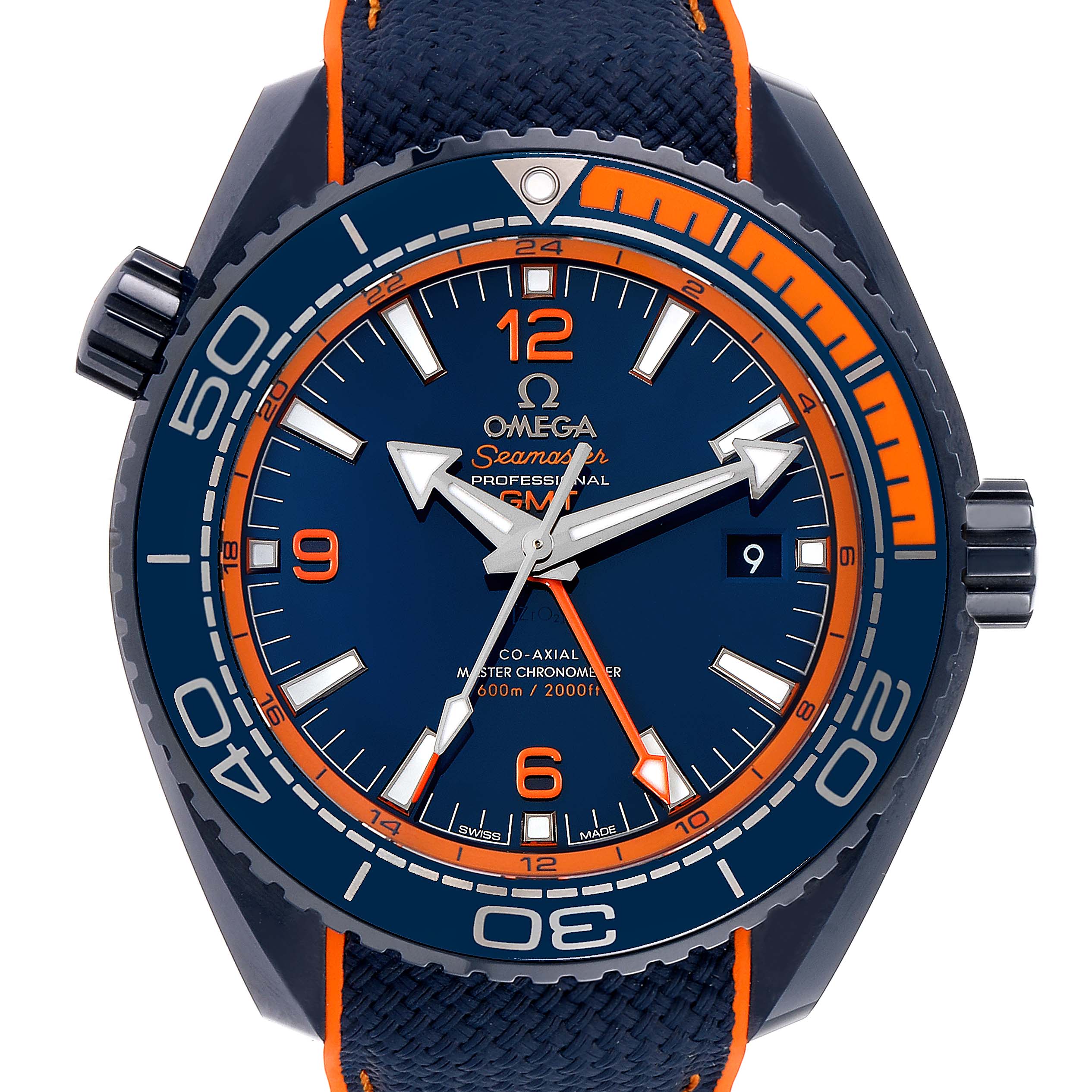 The image shows a front view of an Omega Seamaster Planet Ocean watch, highlighting its blue and orange dial and bezel.