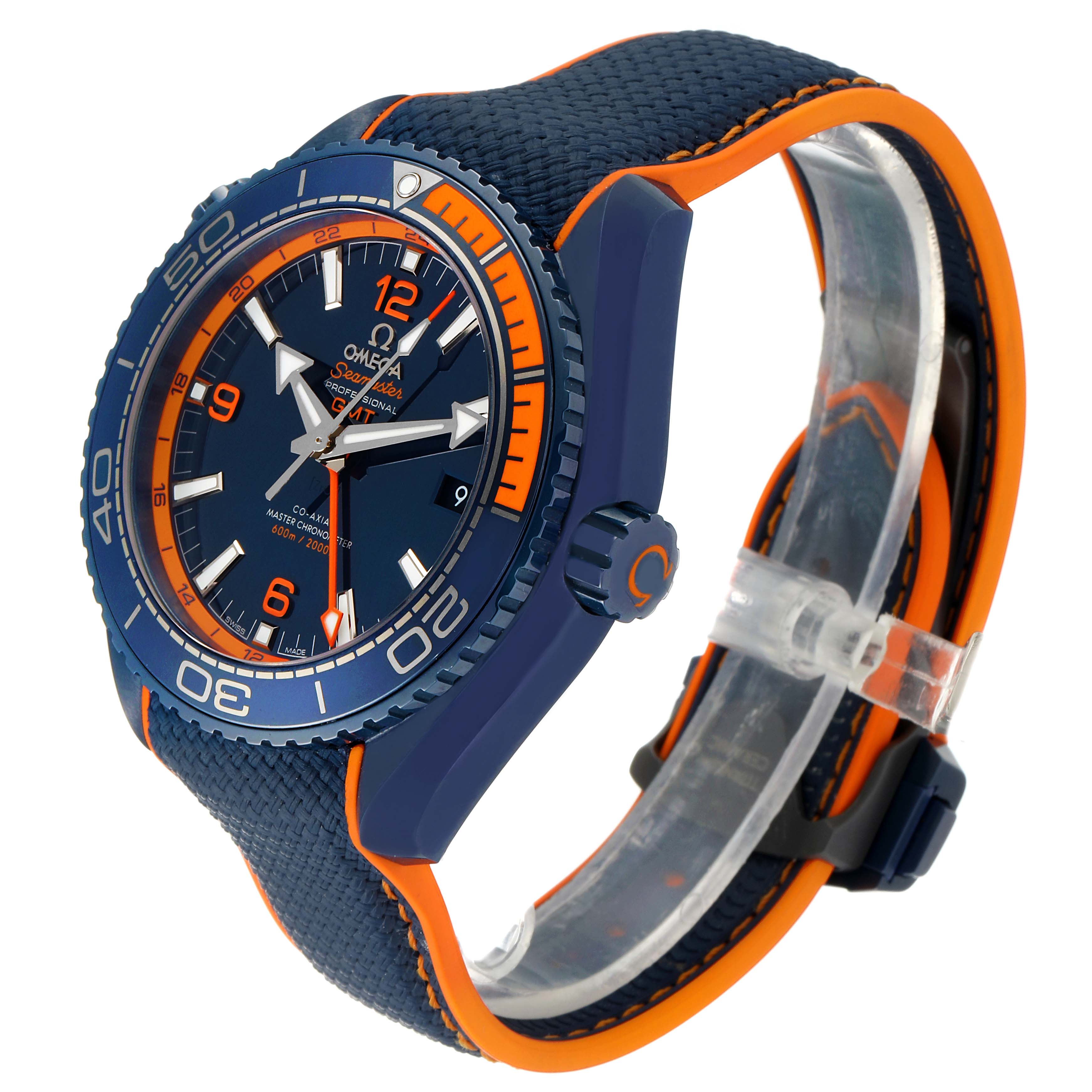 This image shows an angled side view of the Omega Planet Ocean 215.92.46.22.03.001 Men's Stainless Steel Blue Dial 215.92.46.22.03.001 Men's Stainless Steel Blue Dial watch, highlighting its blue and orange design.