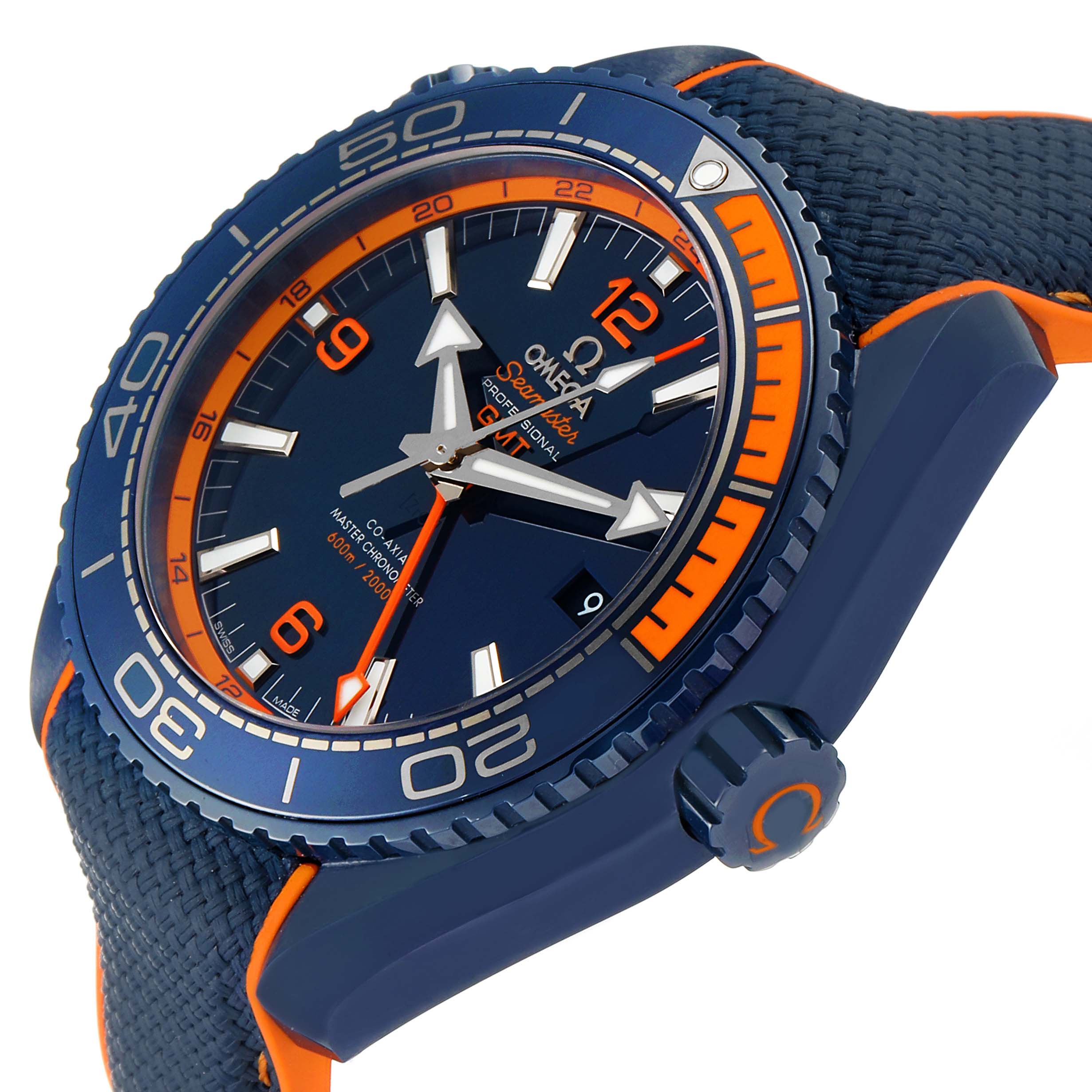 The image shows the Omega Planet Ocean 215.92.46.22.03.001 Men's Stainless Steel Blue Dial 215.92.46.22.03.001 Men's Stainless Steel Blue Dial watch face and bezel from a three-quarter angle, highlighting its blue and orange details.