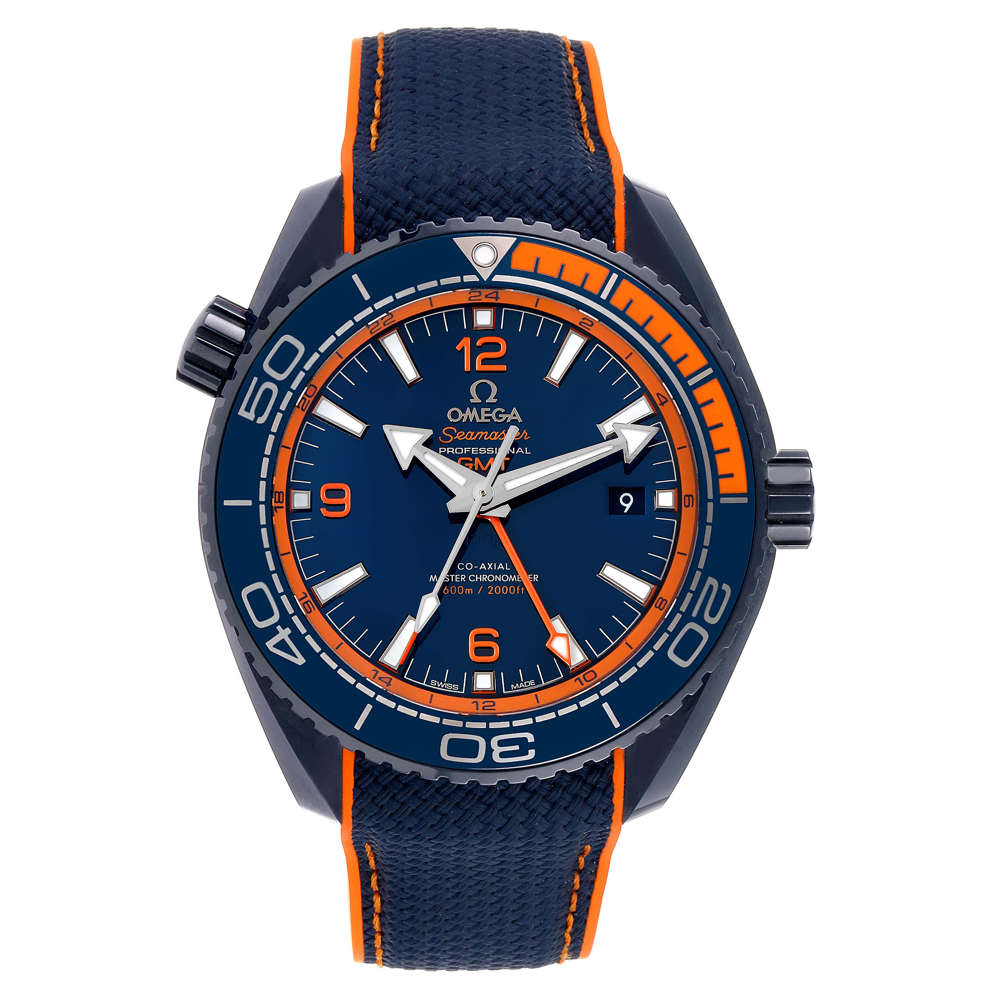 The image shows a frontal view of the Omega Planet Ocean 215.92.46.22.03.001 Men's Stainless Steel Blue Dial 215.92.46.22.03.001 Men's Stainless Steel Blue Dial watch, highlighting the face, bezel, crown, and strap.