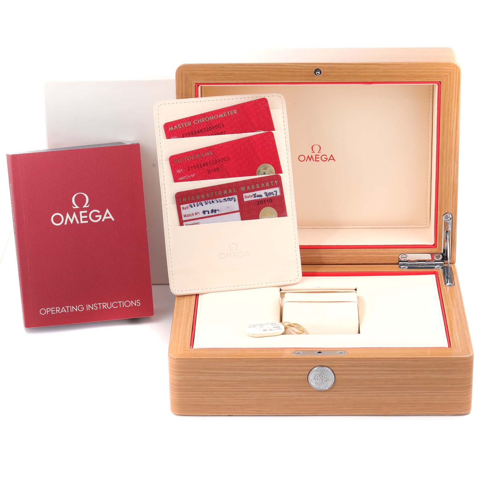 The image shows an Omega Planet Ocean 215.92.46.22.01.003 Men's Ceramic Black Dial 215.92.46.22.01.003 Men's Ceramic Black Dial watch box, warranty cards, and an operating instructions booklet.