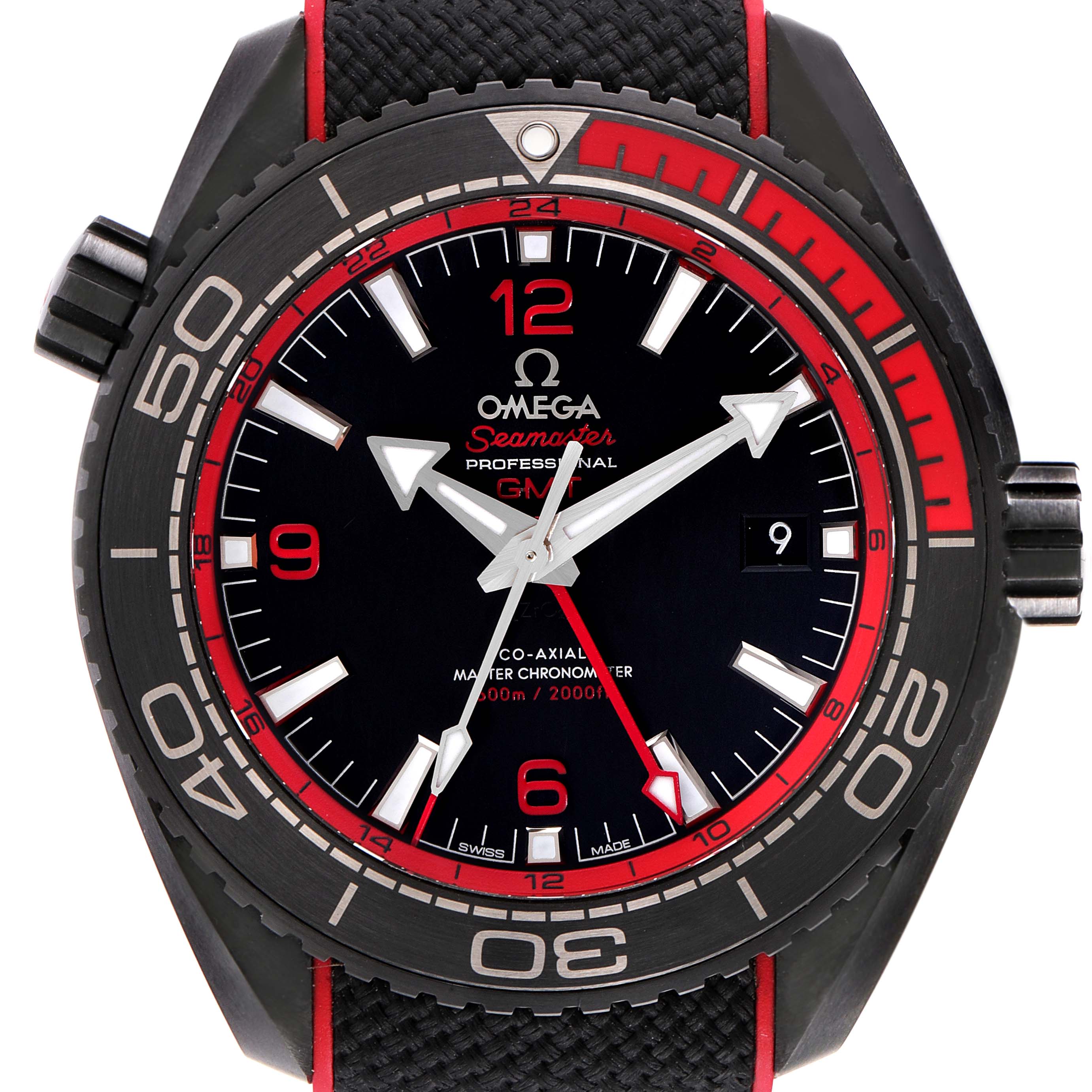 The Omega Planet Ocean 215.92.46.22.01.003 Men's Ceramic Black Dial 215.92.46.22.01.003 Men's Ceramic Black Dial watch is shown from the front, displaying its face, bezel, crown, and part of the strap.