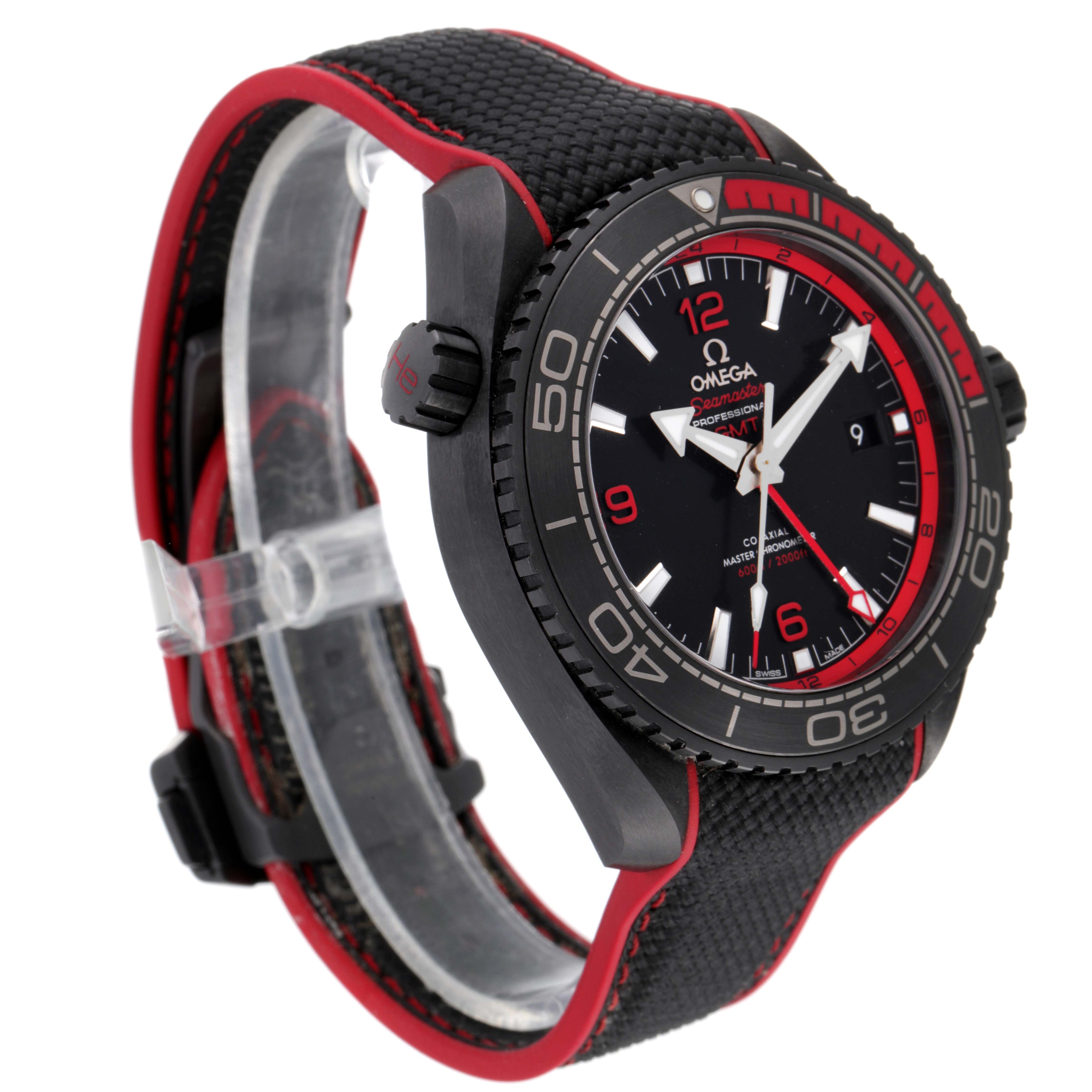 The Omega Planet Ocean 215.92.46.22.01.003 Men's Ceramic Black Dial 215.92.46.22.01.003 Men's Ceramic Black Dial watch is shown at an angle highlighting the face, bezel, crown, and part of the strap.