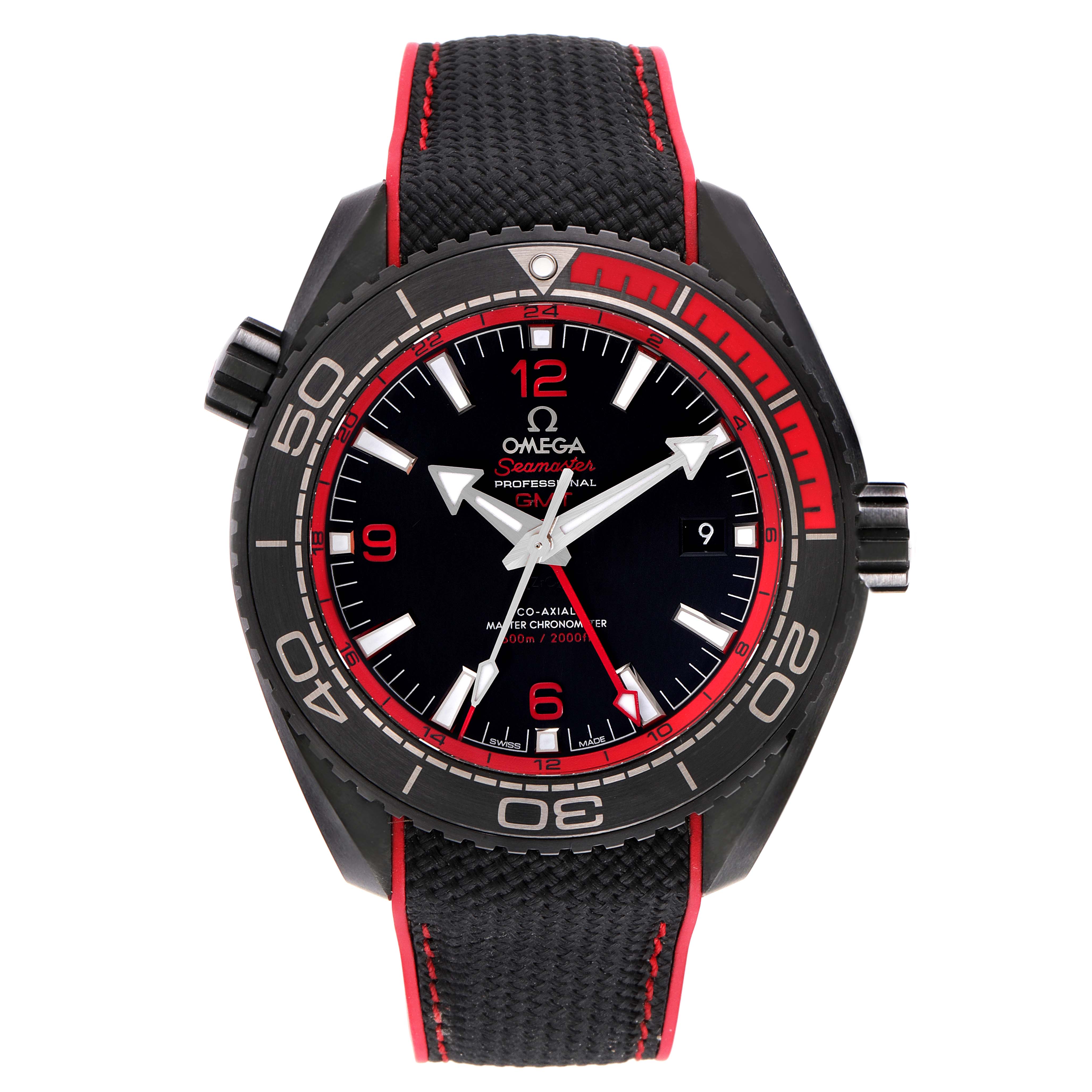 The image shows a front view of the Omega Planet Ocean 215.92.46.22.01.003 Men's Ceramic Black Dial 215.92.46.22.01.003 Men's Ceramic Black Dial model watch with a black and red bezel and strap.
