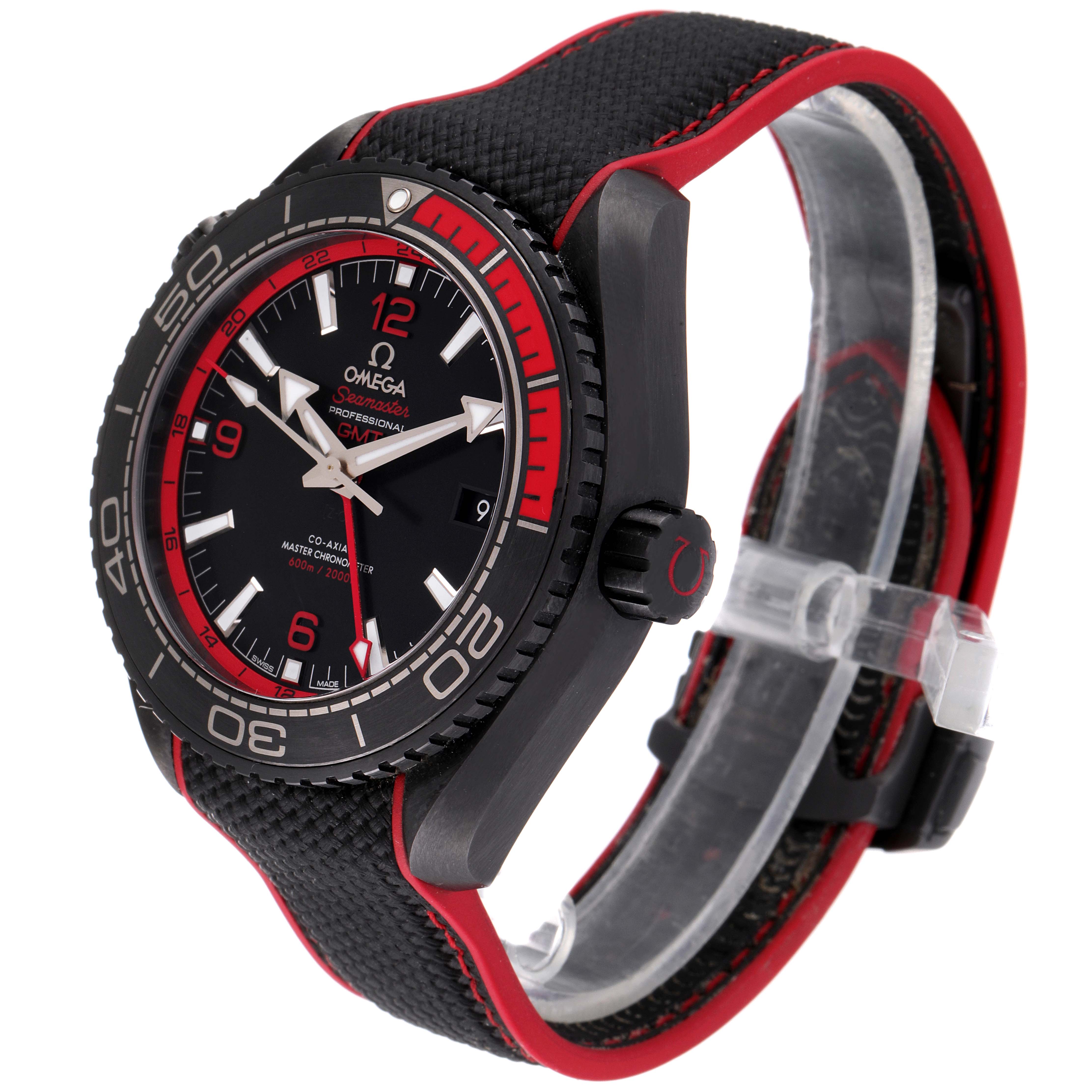 The image shows a side angle of the Omega Planet Ocean 215.92.46.22.01.003 Men's Ceramic Black Dial 215.92.46.22.01.003 Men's Ceramic Black Dial watch, highlighting the dial, bezel, crown, and band.