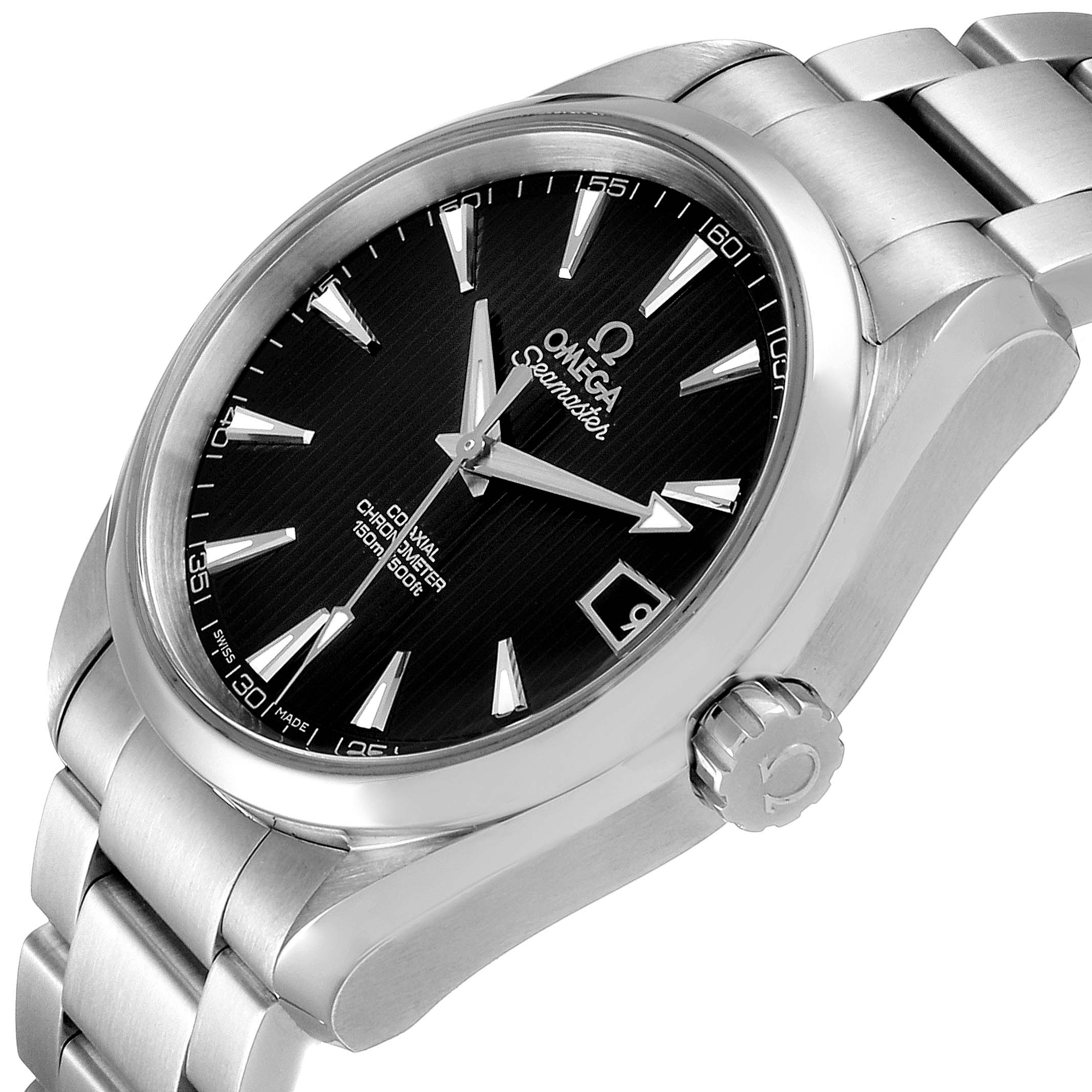 The image shows a close-up angle of the Omega Aqua Terra 231.10.39.21.01.001 Men's Stainless Steel Black Dial 231.10.39.21.01.001 Men's Stainless Steel Black Dial watch, highlighting its face, crown, and part of the stainless steel bracelet.
