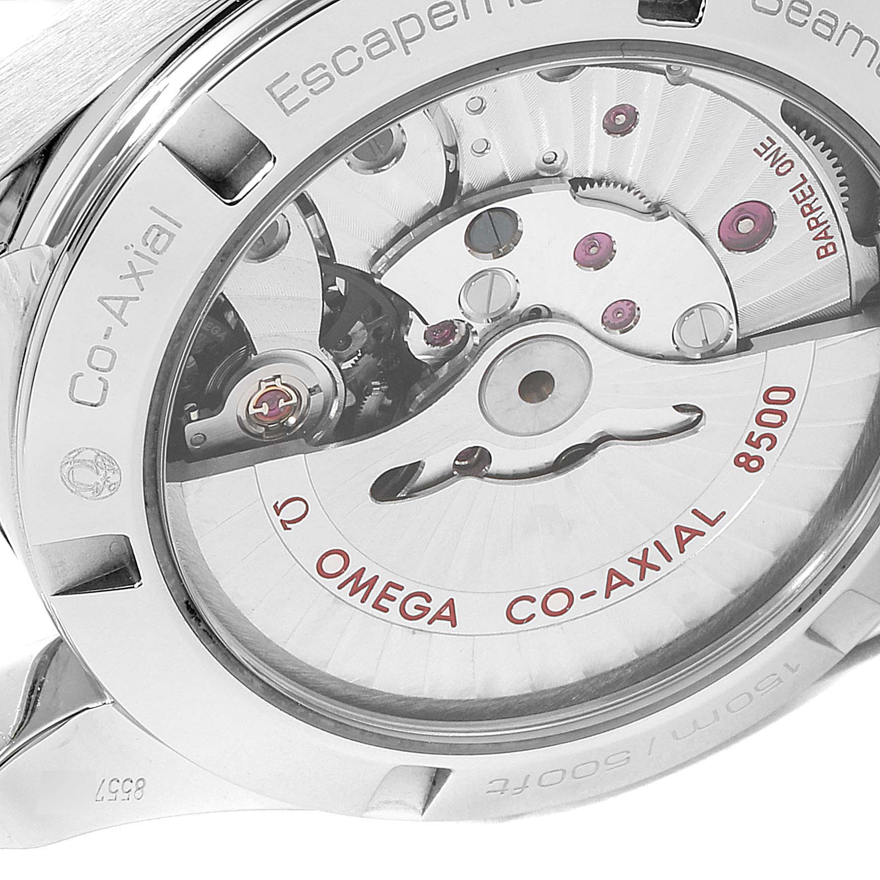 This image shows the back of the Omega Aqua Terra 231.10.39.21.01.001 Men's Stainless Steel Black Dial 231.10.39.21.01.001 Men's Stainless Steel Black Dial watch, highlighting the Co-Axial 8500 movement and other internal components.