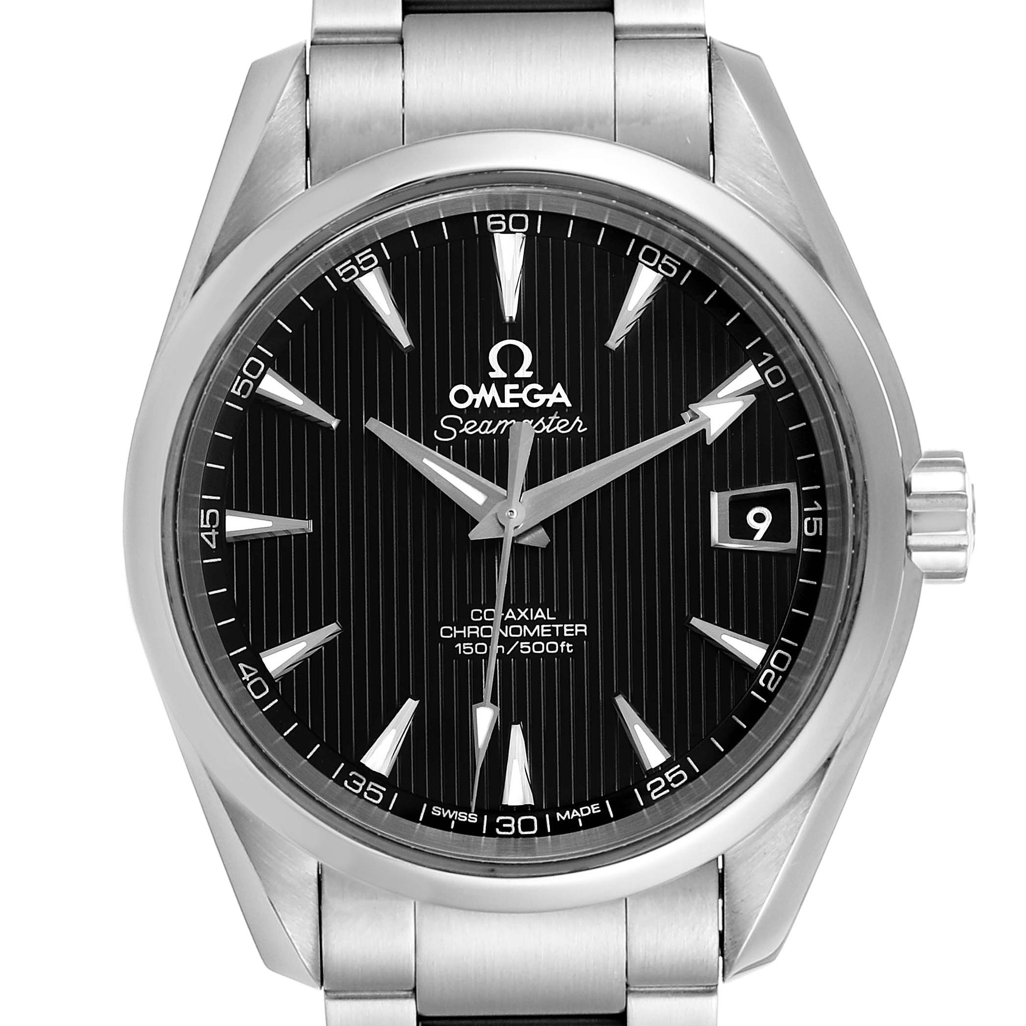 The image shows a front view of the Omega Aqua Terra 231.10.39.21.01.001 Men's Stainless Steel Black Dial 231.10.39.21.01.001 Men's Stainless Steel Black Dial watch, highlighting its dial, hour markers, hands, and date window.