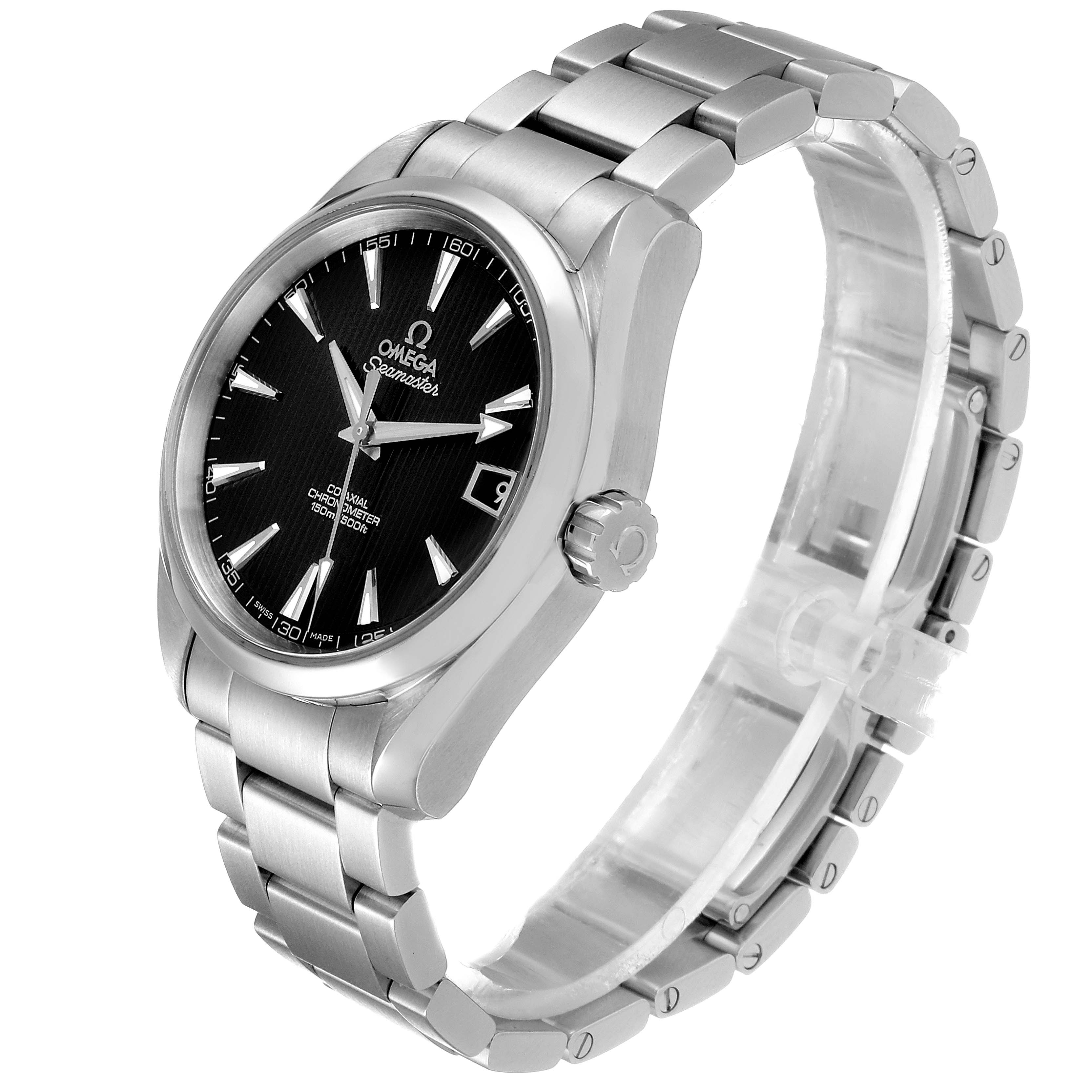 The image shows an Omega Aqua Terra 231.10.39.21.01.001 Men's Stainless Steel Black Dial 231.10.39.21.01.001 Men's Stainless Steel Black Dial watch shot from an angled side view, highlighting its metal strap, black dial, and crown.