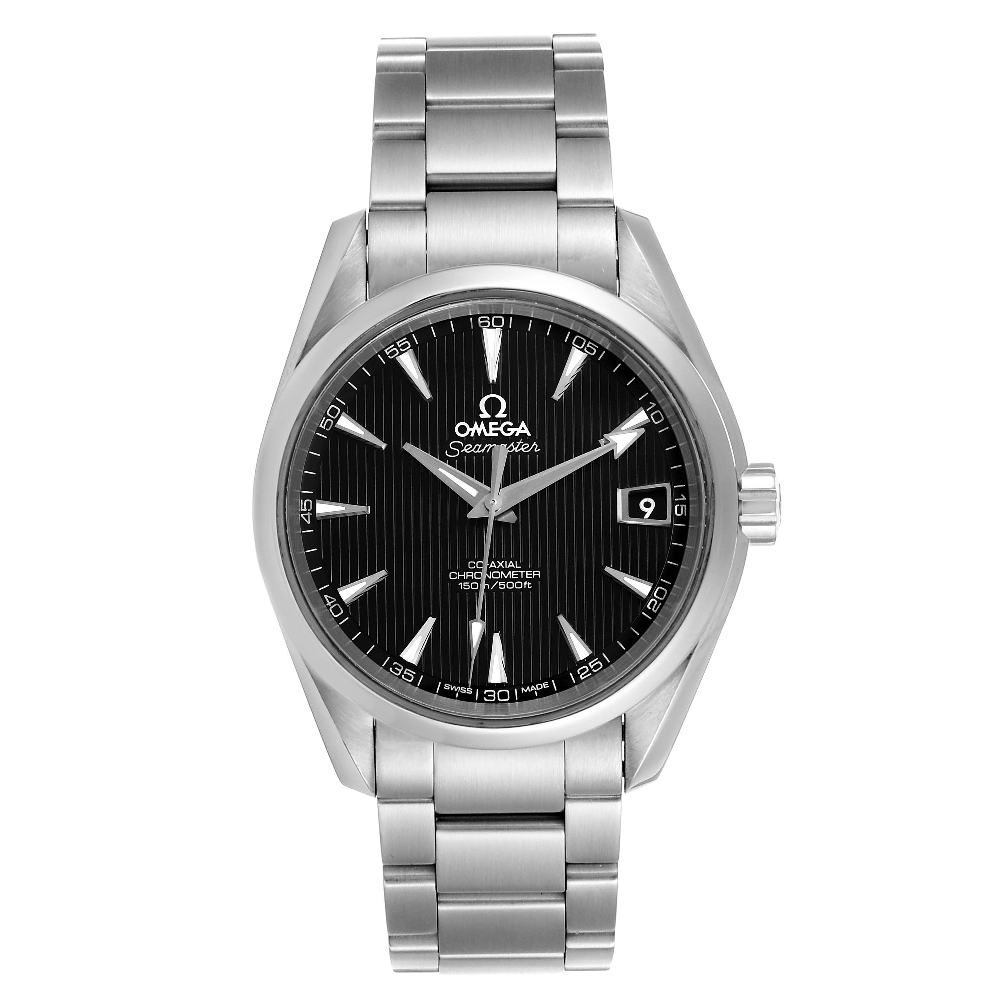 The Omega Aqua Terra 231.10.39.21.01.001 Men's Stainless Steel Black Dial 231.10.39.21.01.001 Men's Stainless Steel Black Dial watch is shown from the front, displaying its dial, hands, bracelet, and date window.