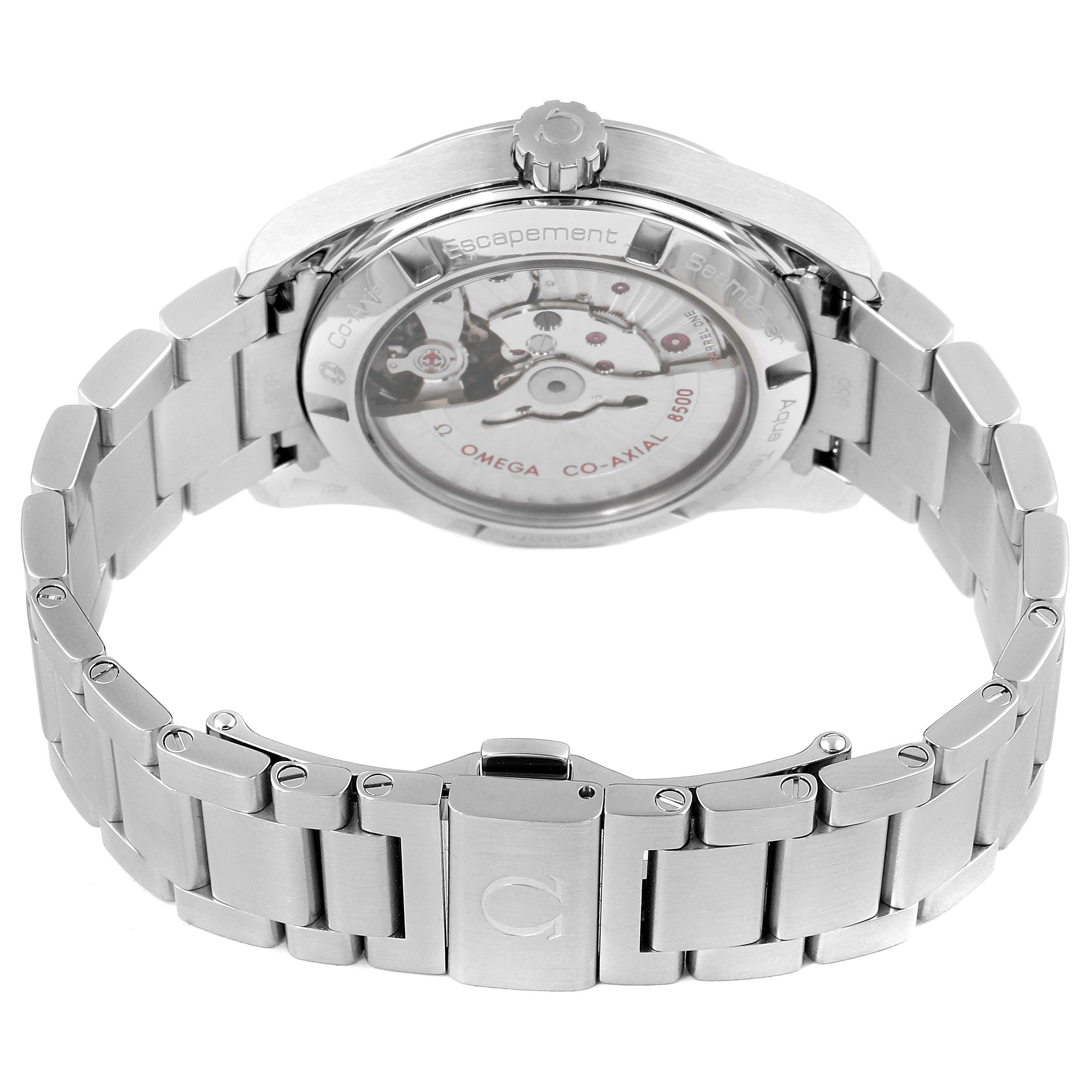 The image shows the back view of an Omega Aqua Terra 231.10.39.21.01.001 Men's Stainless Steel Black Dial 231.10.39.21.01.001 Men's Stainless Steel Black Dial watch, displaying its open case back and metal bracelet.