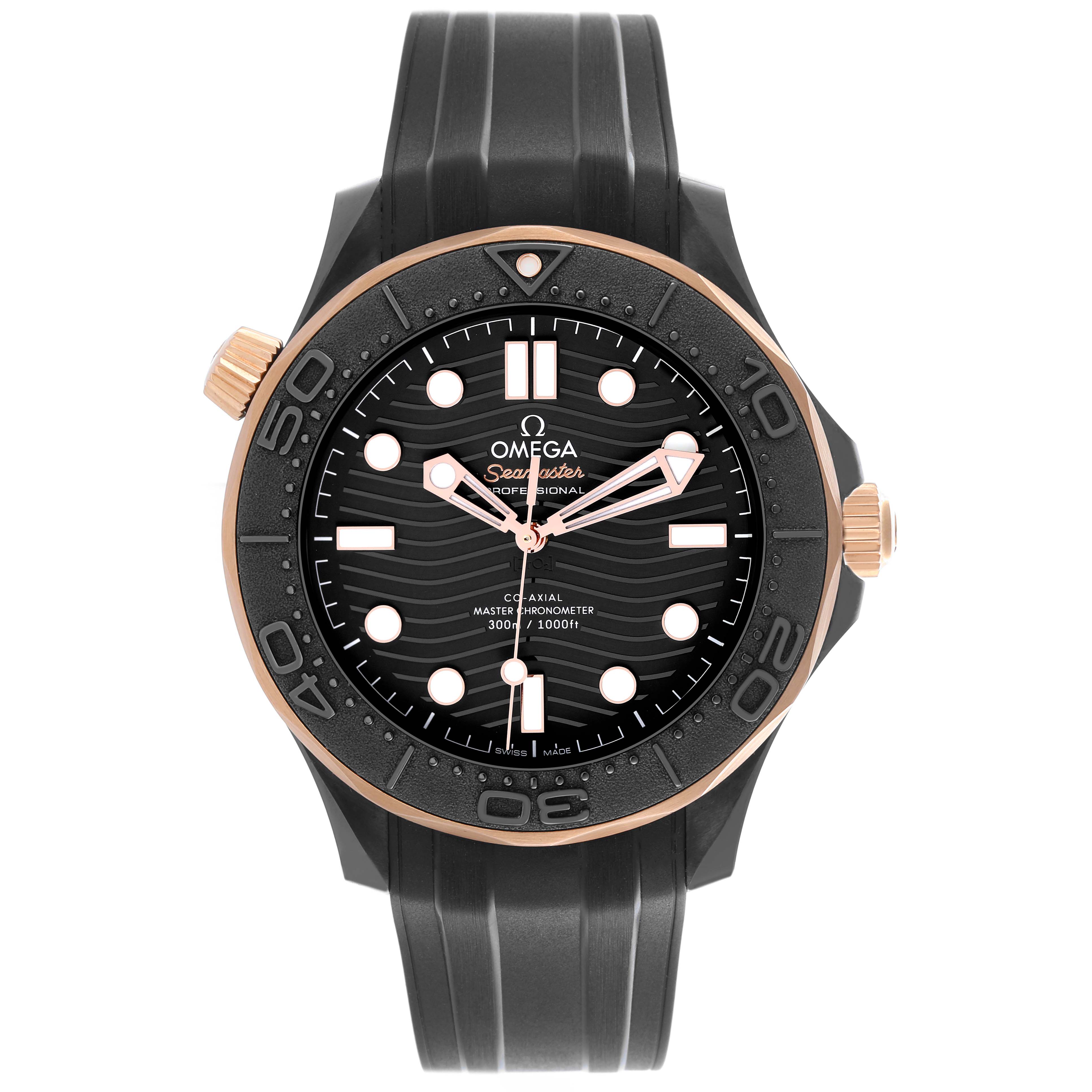 The Omega Seamaster 210.62.44.20.01.001 Men's Ceramic Black Dial 210.62.44.20.01.001 Men's Ceramic Black Dial watch is shown from the front, displaying the black dial, gold markers, and black rubber strap.
